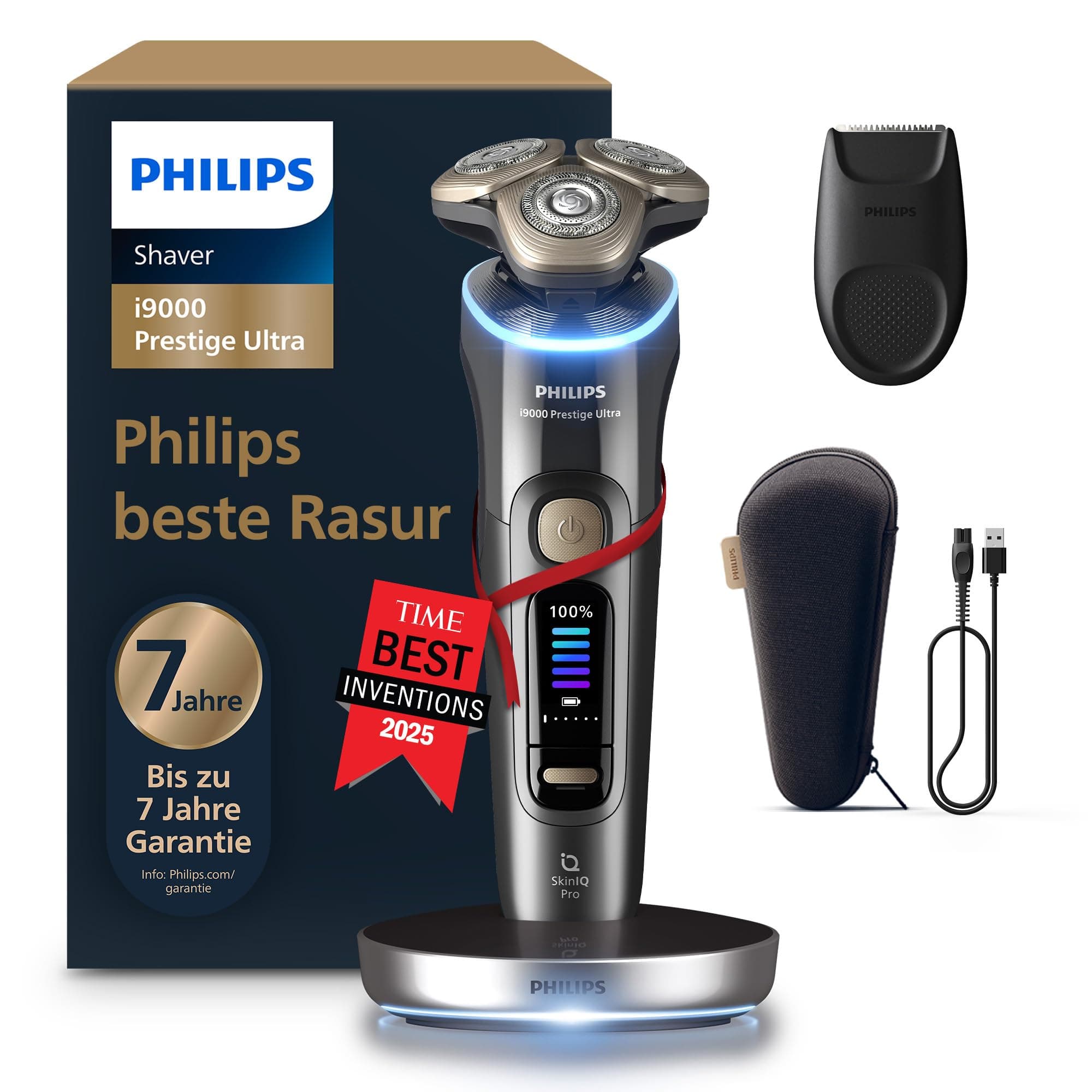 Philips Rasierer i9000 Prestige Ultra, Nass- und Trockenrasierer für Herren, dunkelgrau, Druck- und Bewegungssensor, Trimmeraufsatz, Ladestation und Reiseetui (Modell XP9402/11)