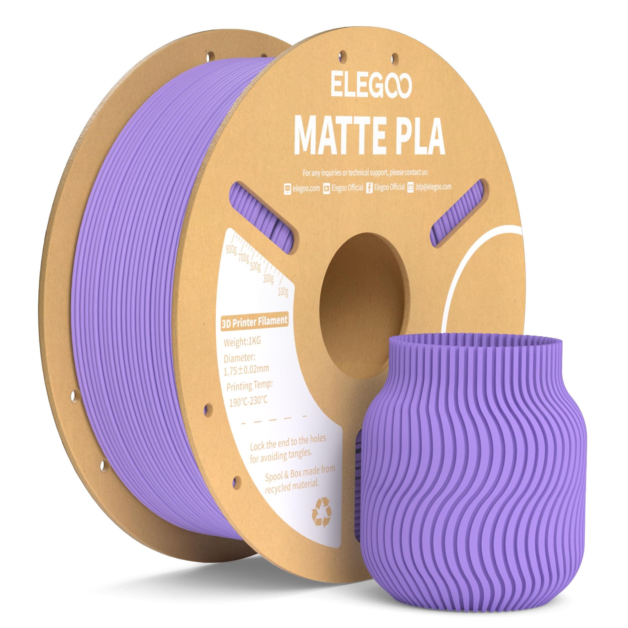 ELEGOO Filamento PLA Matte Viola Lavanda 1 kg, 1,75 mm, Opaco PLA Filamento per Stampante 3D, precisione di misurazione +/- 0,02 mm, adatto per maggior parte delle stampanti 3D FDM