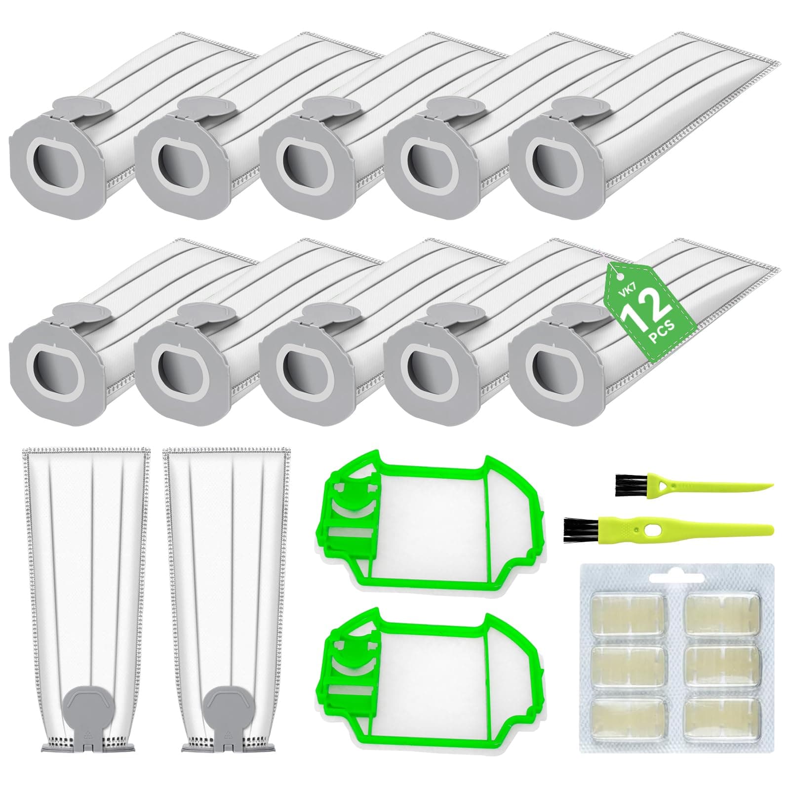 12 sacchetti per aspirapolvere compatibili con aspirapolvere Vorwerk Folletto VK7 FP7 VK7S FP7S,Incluso 12 sacchetti folletto+ 2 Filtri Hepa +6 Profumi+2 Spazzolini Multiuso-Ricambi Vorwerk Folletto