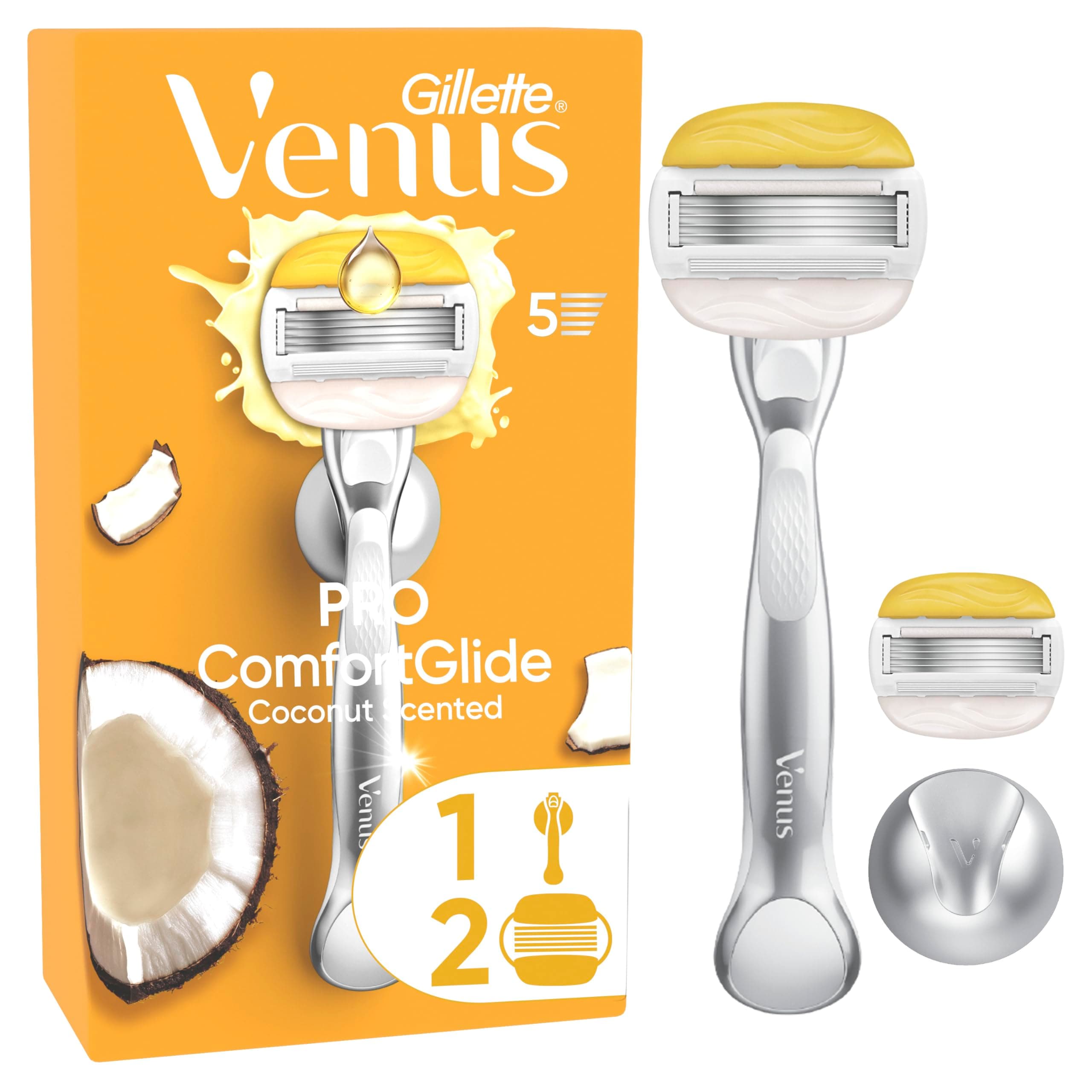 Gillette Venus Pro ComfortGlide Rasoio Da Donna, Al Profumo Di Cocco, 2 Lamette Di Ricambio, Manico In Metallo Riutilizzabile E Gancio Per Doccia
