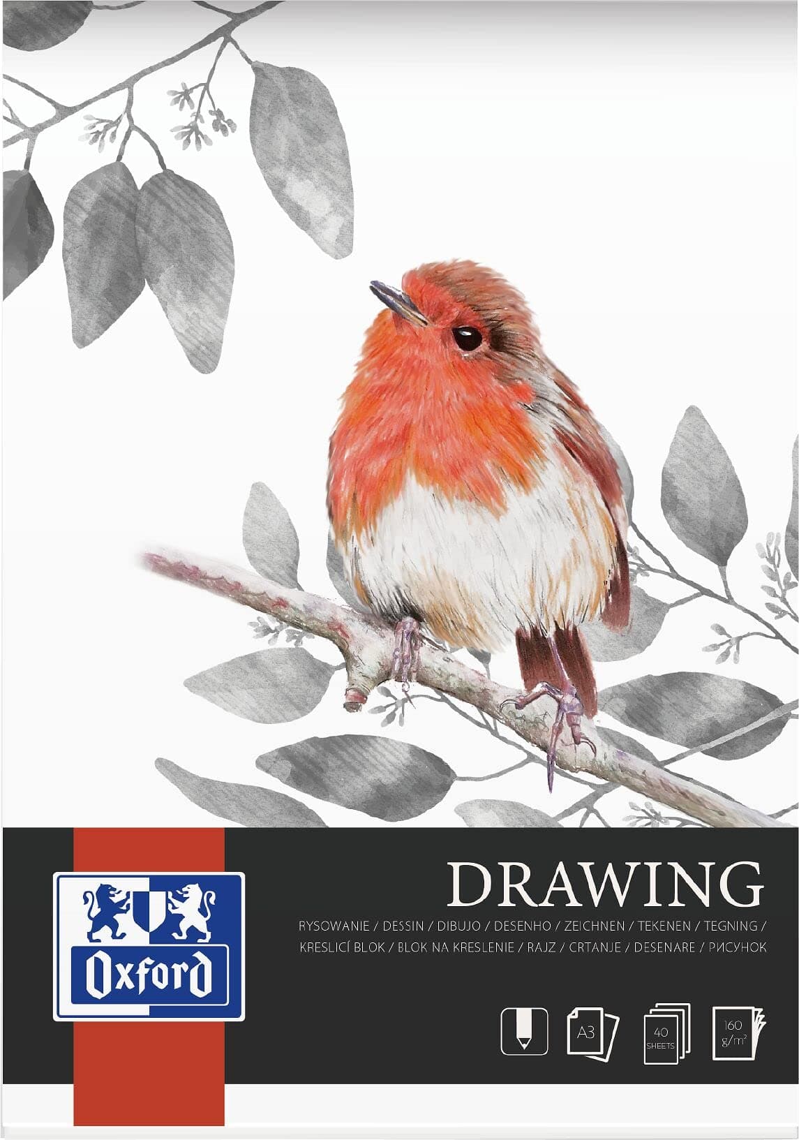 Oxford Zeichenblock A3, 40 Blatt, 160g, seitlich geklebt, White