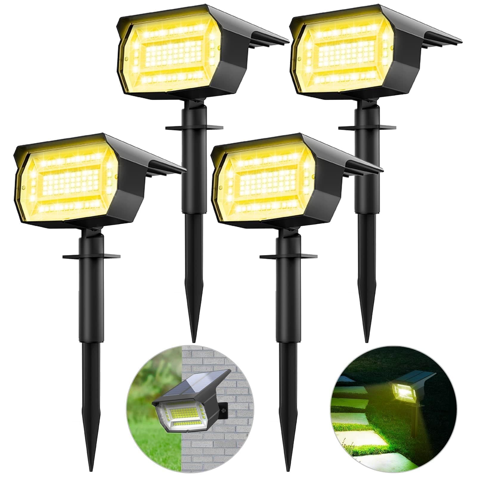 LOTMOS Luces Solares LED Exterior Jardin [4 Paquete/72LED] Focos LED Exterior Solares, Impermeable IP65 Luz Solar Potente Foco Lampara Solar Jardin Exteriores Suelo (Blanco Calido)