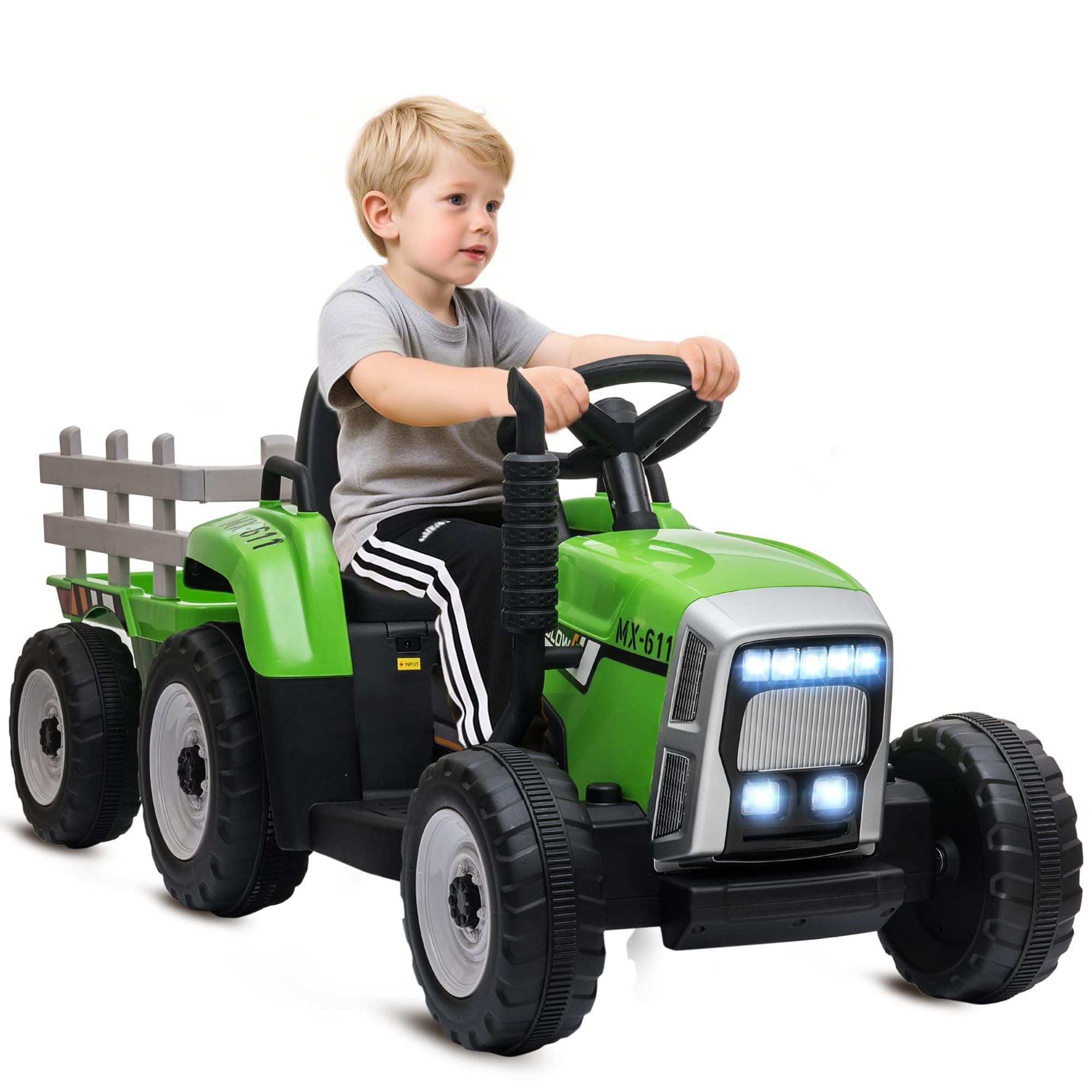 HOMCOM Tracteur électrique avec remorque Amovible, Voiture électrique Enfants de 3 à 6 Ans avec télécommande MP3 Musique Affichage lumières et Ceinture de sécurité, 12V 3-6 km/h, Vert