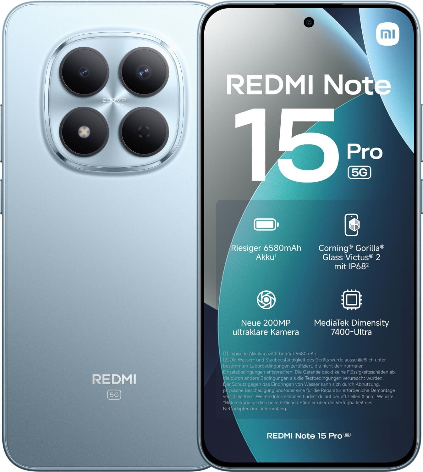 XIAOMI REDMI Note 15 Pro 5G - Smartphone de 8+256GB, Pantalla de 6,83" 1.5K AMOLED, MediaTek Dimensity 7400-Ultra, cámara de 200MP, batería de 6580 mAh, Azul Glaciar