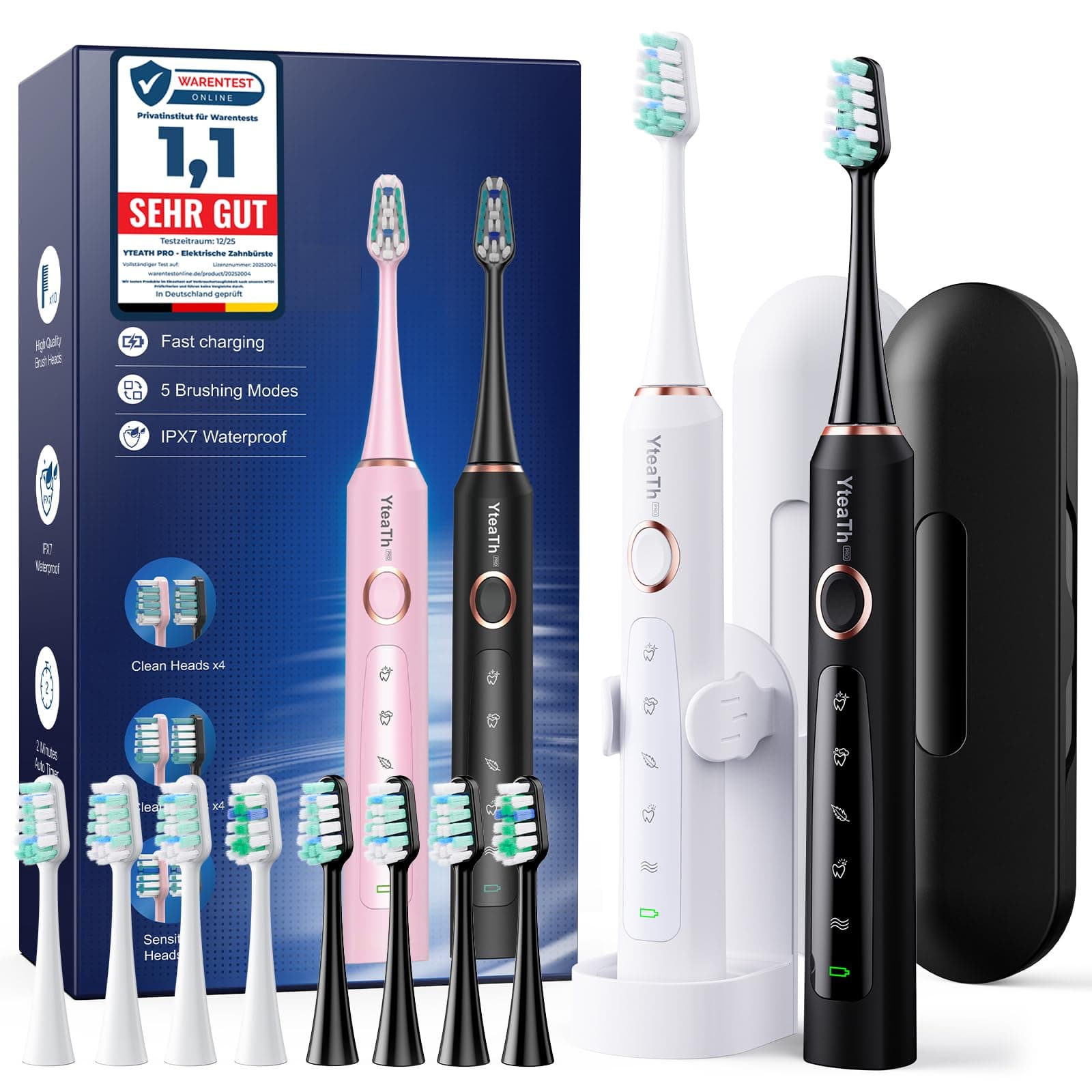 Brosse À Dent Électrique Soniques Adultes - Lot De 2 Brosse A Dent Sonique avec 10 Têtes de Brosse et Étui de Voyage, 5 Modes, Étanche IPX7, Brosse A Dent Electrique, Noir et Blanc