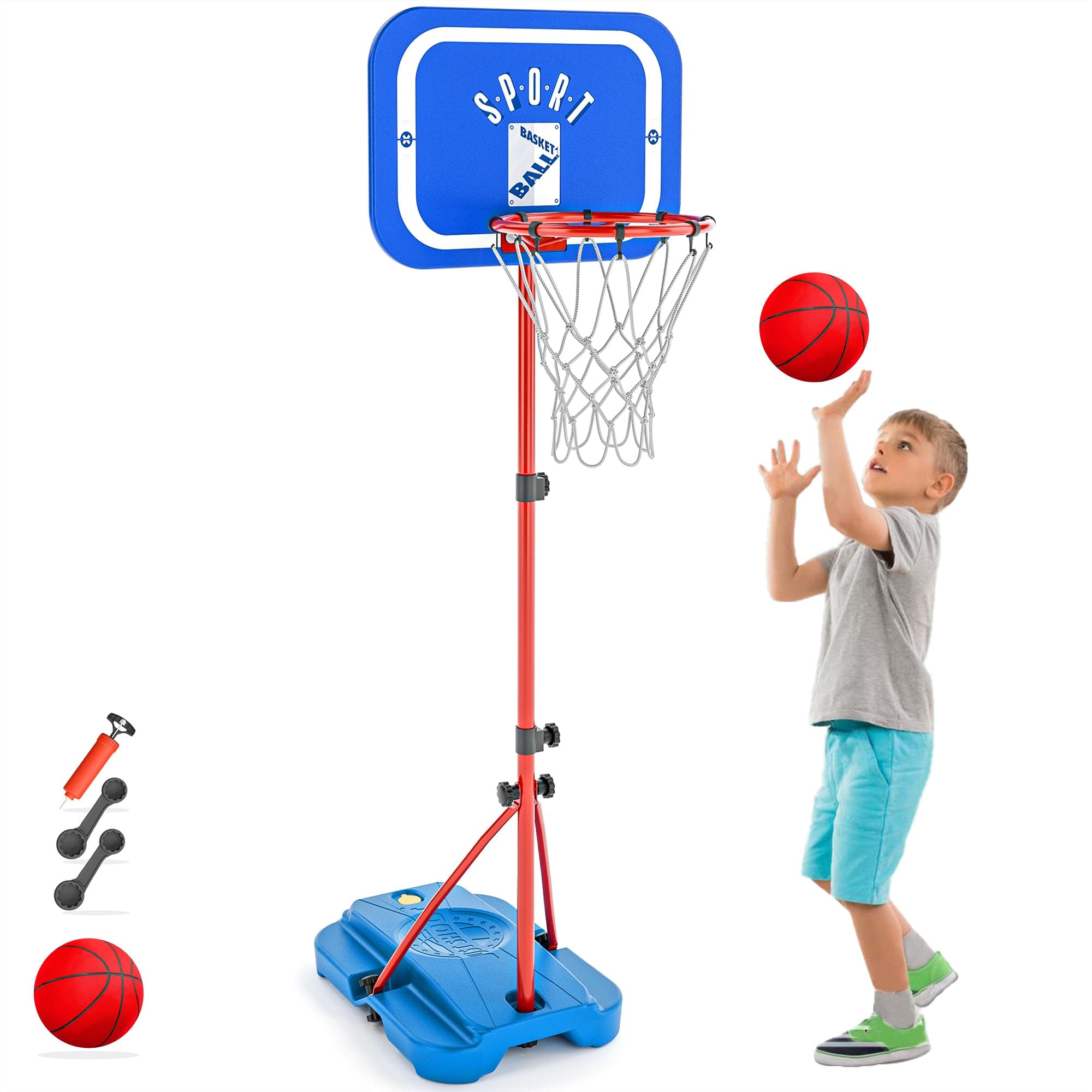 GILIKOKO Cestino da basket con supporto, 110-190 cm, regolabile in altezza, per esterni e interni, per bambini