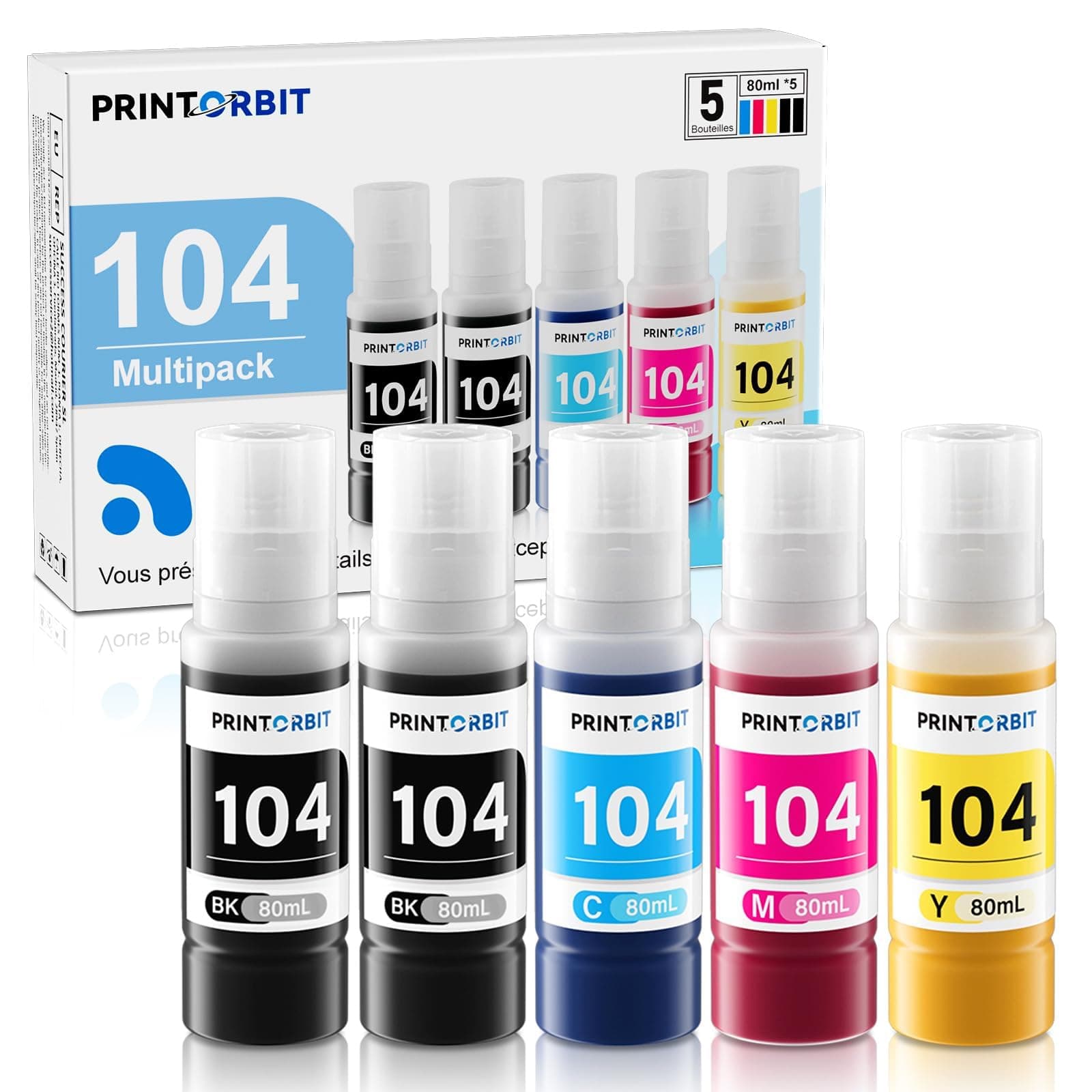 PRINTORBIT 104 Encre Compatible pour ET-2870 ET-2810 ET-1810 ET-2820 ET-2710 ET-2812 104 Bouteille D’Encre Multipack pour ET-2876 ET-2821 ET-2825 ET-2720 ET-4800 Imprimante