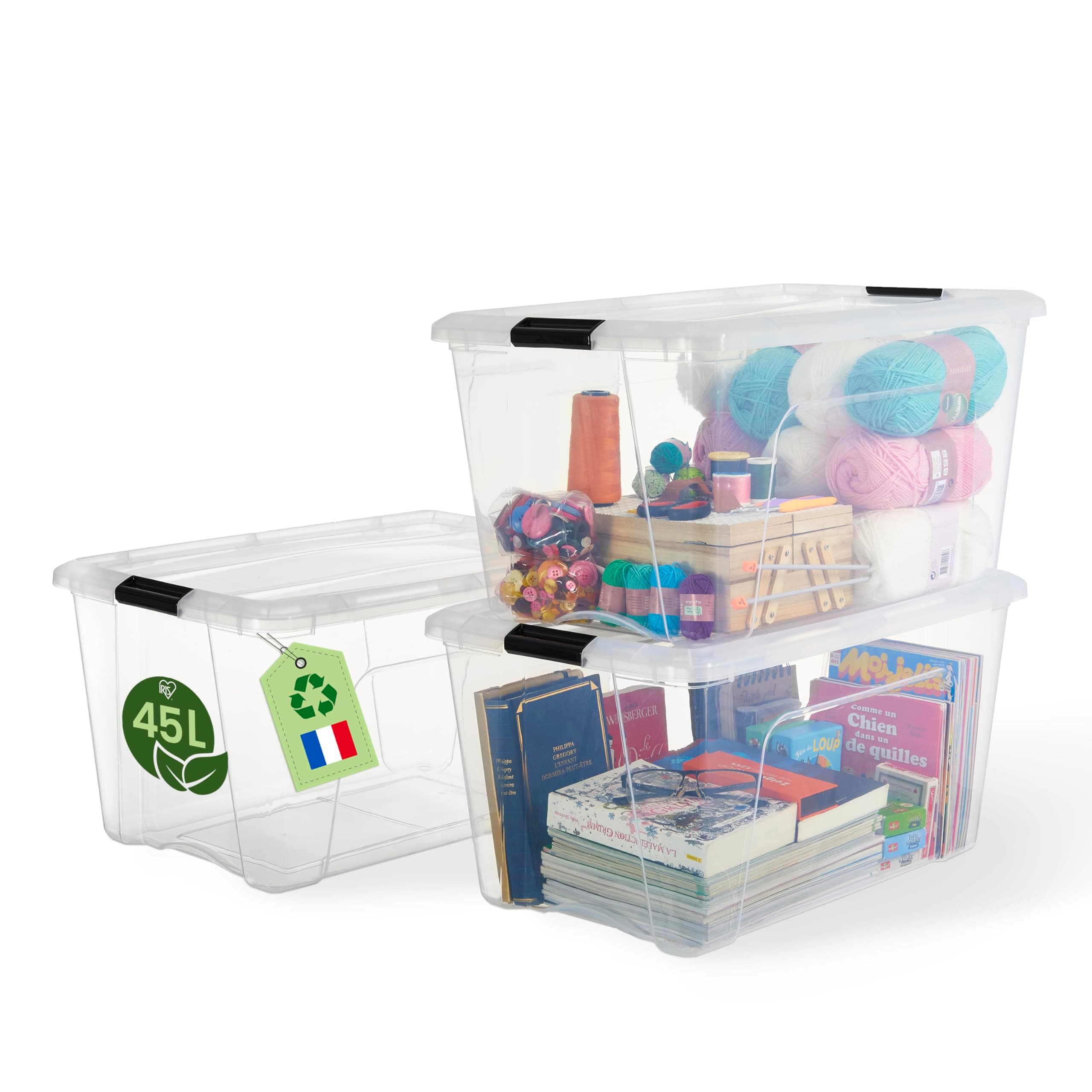 Iris Ohyama, Kunststoff-Aufbewahrungsbox mit Deckel, 45L, 3er-Set, Transparent, 98% recycelter Kunststoff, Verschlussclips, Griff, Stapelbar, Fürs Schlafzimmer, Ankleidezimmer, Büro, BPA-frei, BSB-45