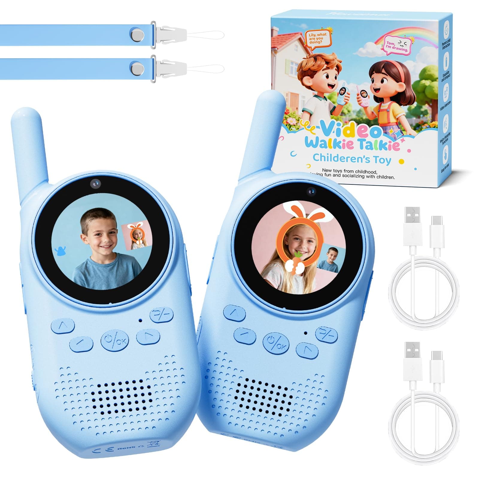 HEWEIMEI Video Walkie Talkie Niños, Walkie Talkie Recargable De Largo Alcance con Cámara HD, Cambiador De Voz Y Videollamada, Regalo para Niños de 3 a 12 Años (Azul/Azul)