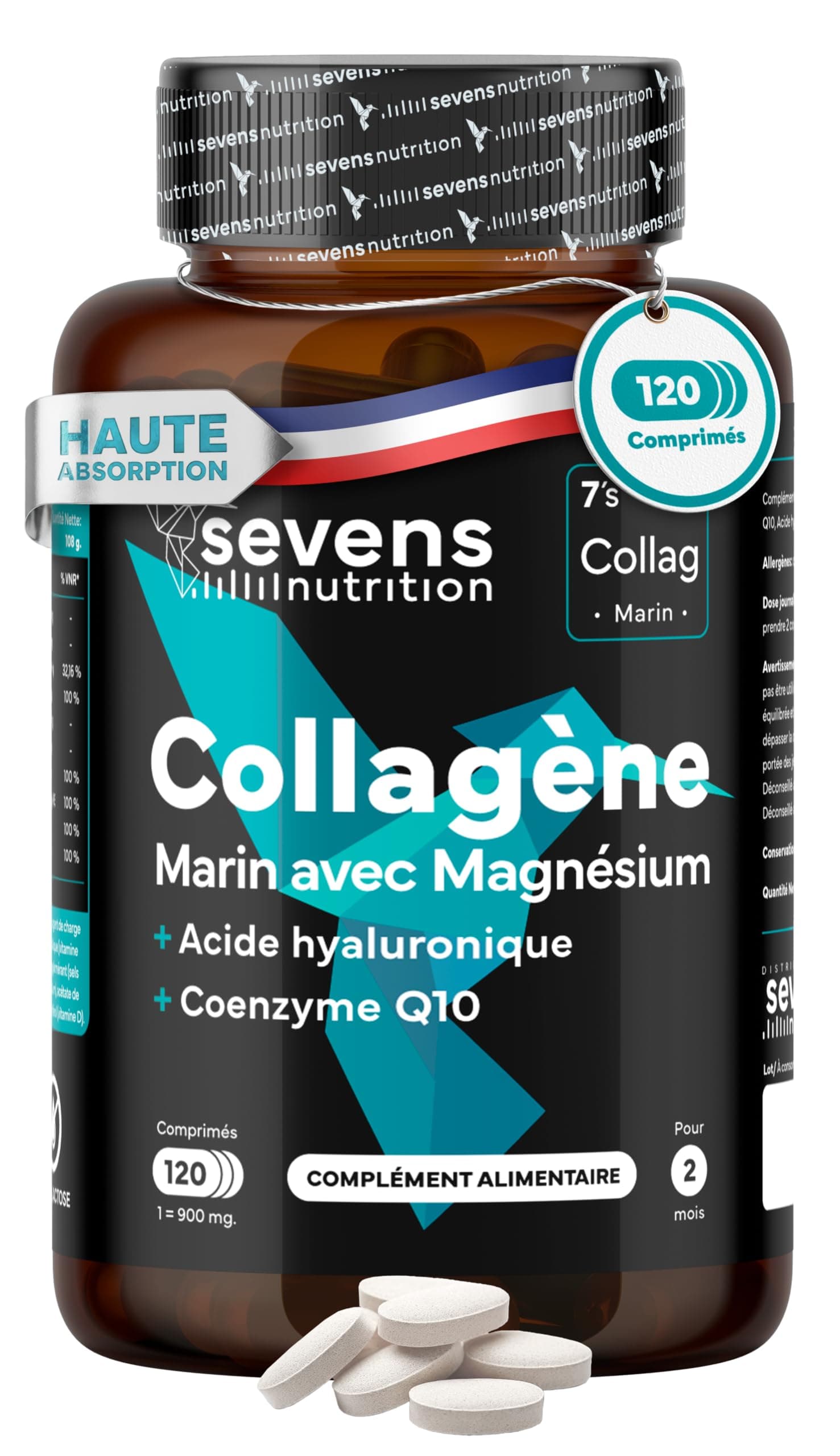 Collagène Marin Hydrolysé avec Magnésium Acide Hyaluronique Coenzyme Q10 – 120 Gélules – Peau Os Articulations – Vitamines A C D3 B12 Zinc – Haute Absorption – Sevens