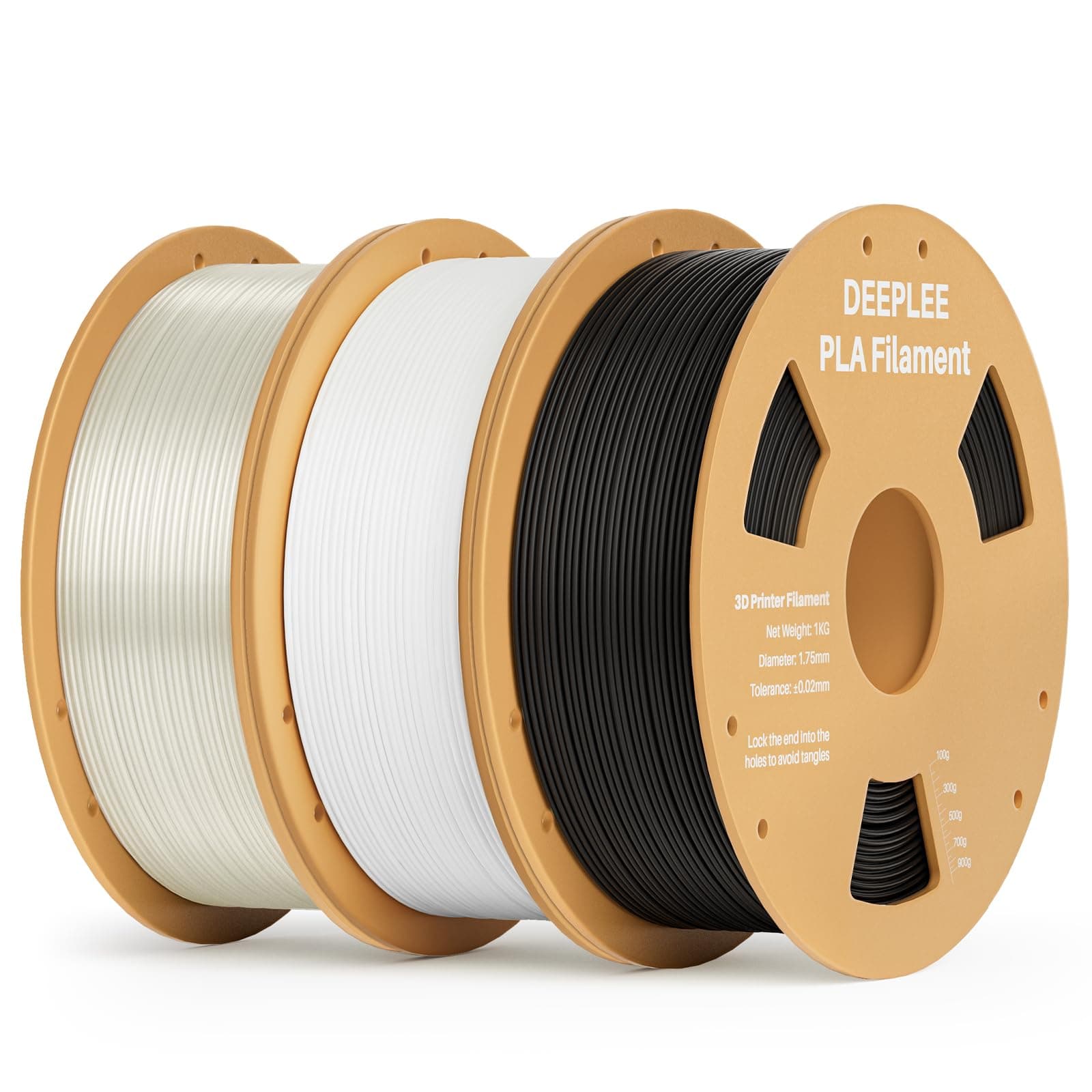 DEEPLEE Filamento PLA 1.75 mm, Kit 3 Bobinas Negro, Blanco y Translúcido (3kg). Precisión ±0.02 mm. Enrollado Perfecto, Sin Atascos. Compatible con Impresoras 3D FDM.