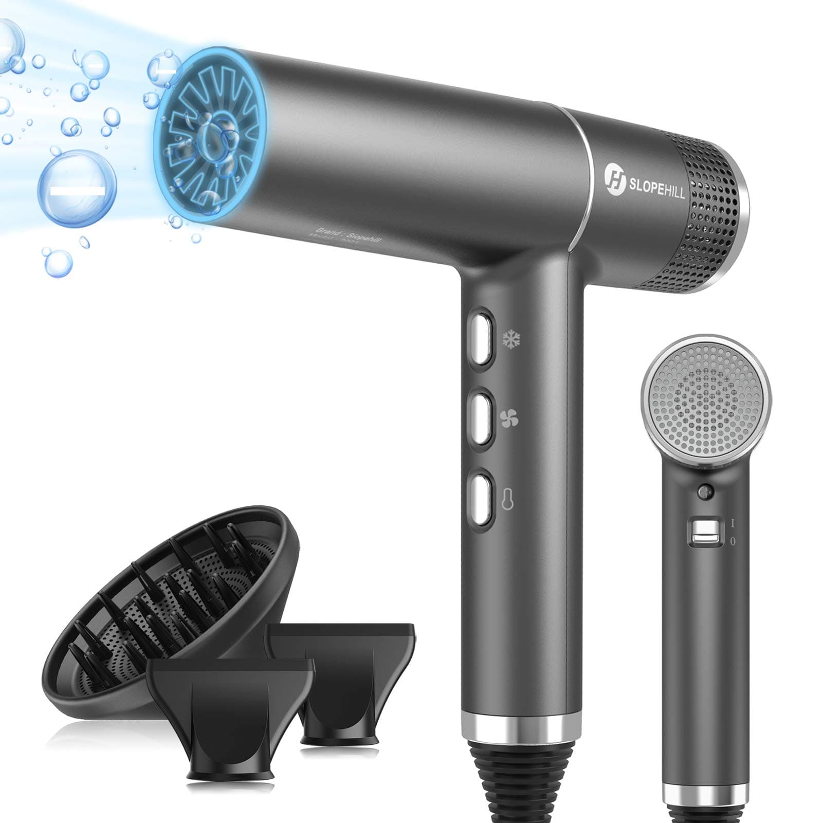 slopehill Haartrockner mit einzigartigem bürstenlosem Motor | Intelligente Fehlerdiagnose | Innovativer Mikrofilter | Oxy Active Technology | LED-Anzeige | 268g Superleicht, 2000W (Grau)