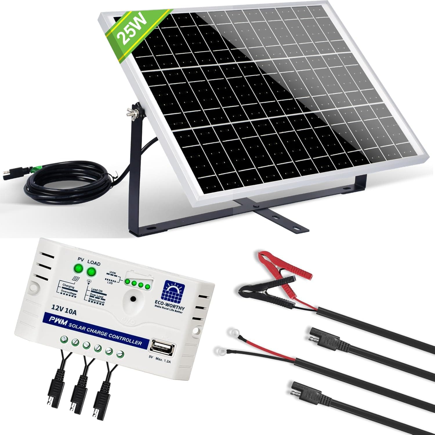 ECO-WORTHY Placa Solar 12V 25W Kit Solar Monocristalino: Panel Solar para Jardín, Gallinero, Bomba, Luz, IP65, a Prueba de Agua con Soporte, Cable de Conexión SAE, Controlador USB