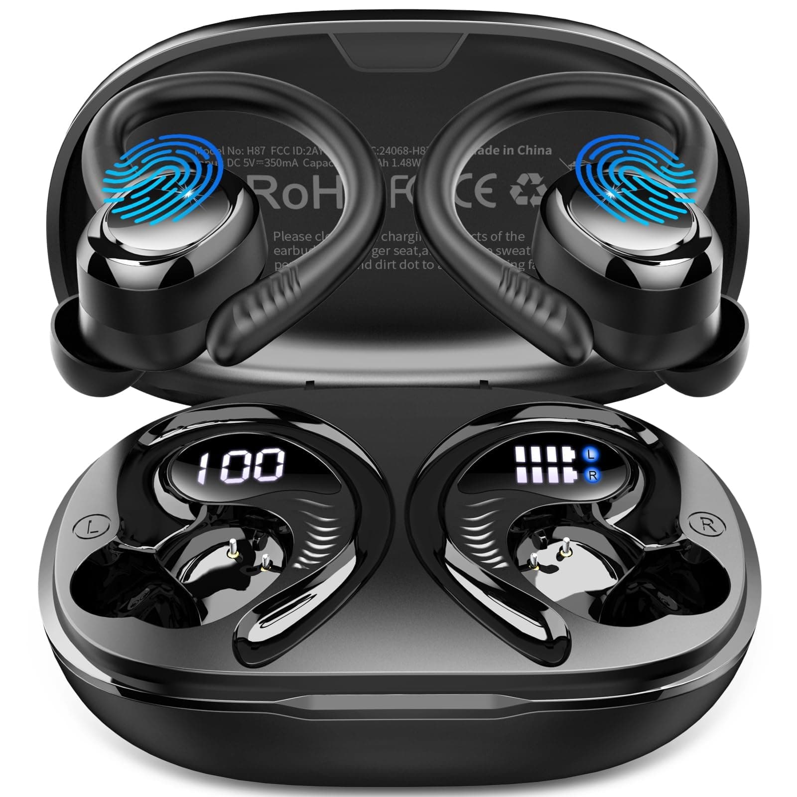 Ecouteurs Bluetooth sans Fil Sport, 2026 Écouteur Bluetooth 5.4 avec 4 ENC Mic, 60+Hrs Ecouteurs sans Fil HiFi Stéréo, IP7 Étanche Oreillette Bluetooth Running, USB-C Charge Rapide, Écran LED Casque