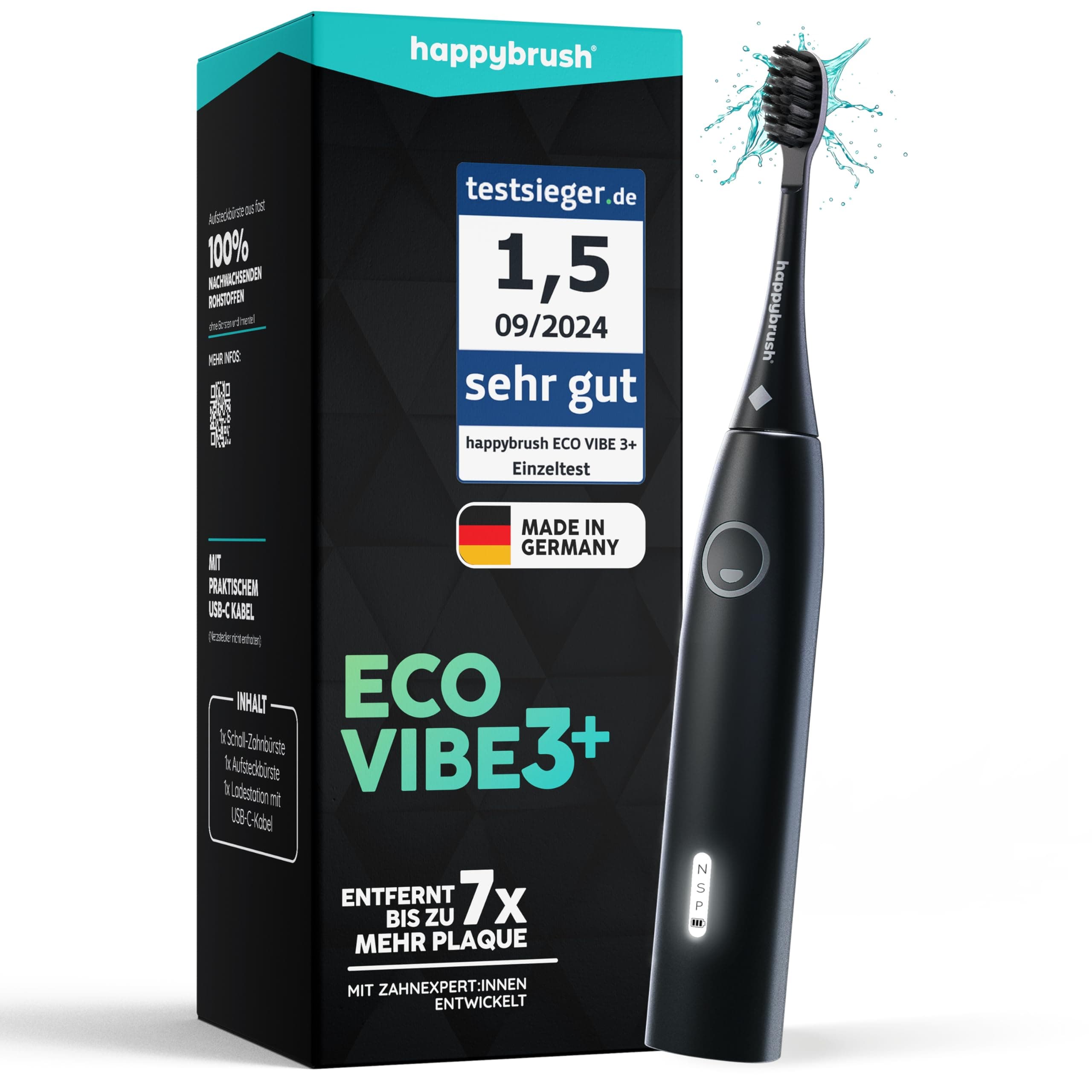 happybrush® Schallzahnbürste Eco Vibe 3+ – TESTSIEGER – 100 Tage testen - Elektrische Zahnbürste mit 8 Wochen Power Akku – Ultraschall Zahnbürsten – 2 Jahre Garantie - Black