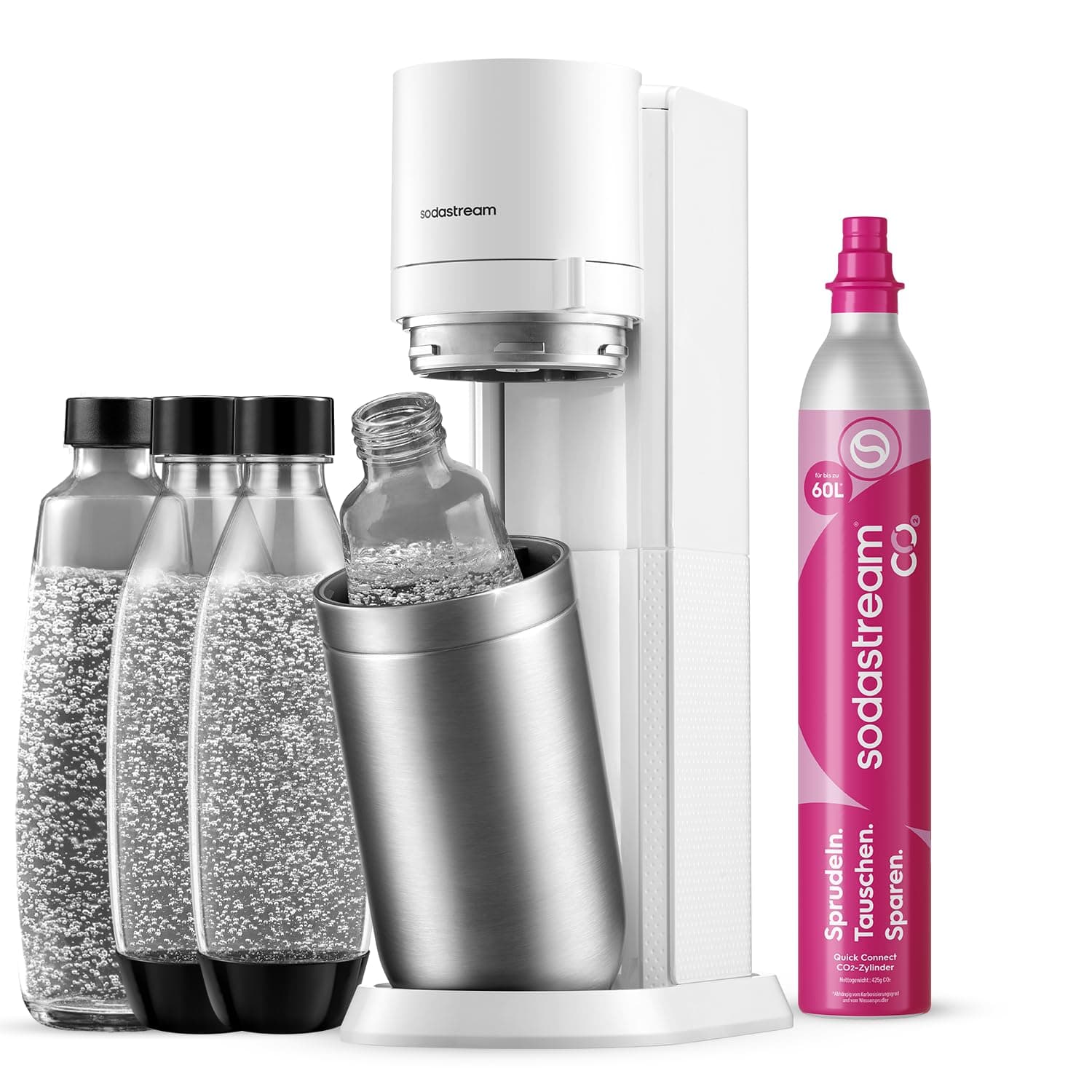 SodaStream Wassersprudler Duo mit CO2-Zylinder, 2X Glasflasche und 2X 1L spülmaschinenfeste Kunststoff-Flasche, Weiß, Höhe: 44 cm