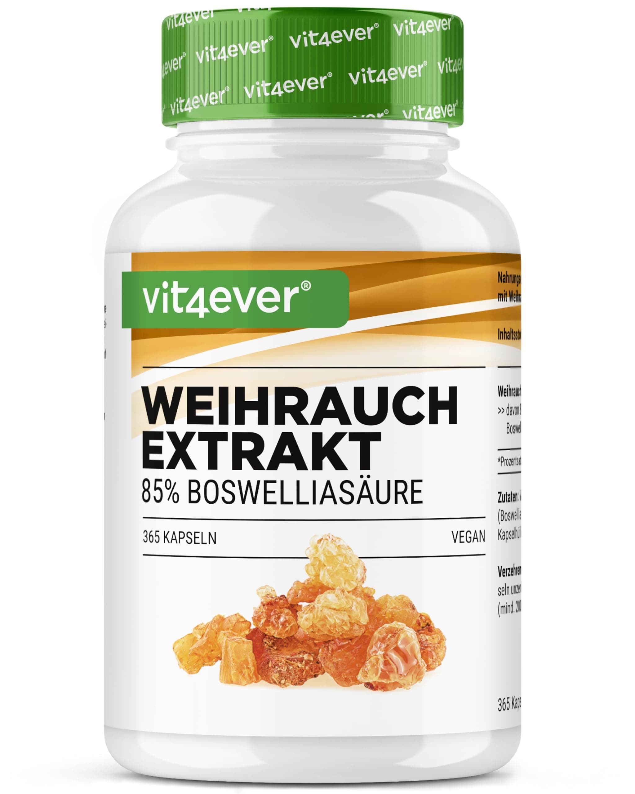 vit4ever Weihrauch Extrakt - 365 Kapseln - Premium: 85% Boswellia-Säure - Hochdosiert mit 1000 mg je Tagesdosis - Echtes indisches Boswellia Serrata - Laborgeprüft - Vegan