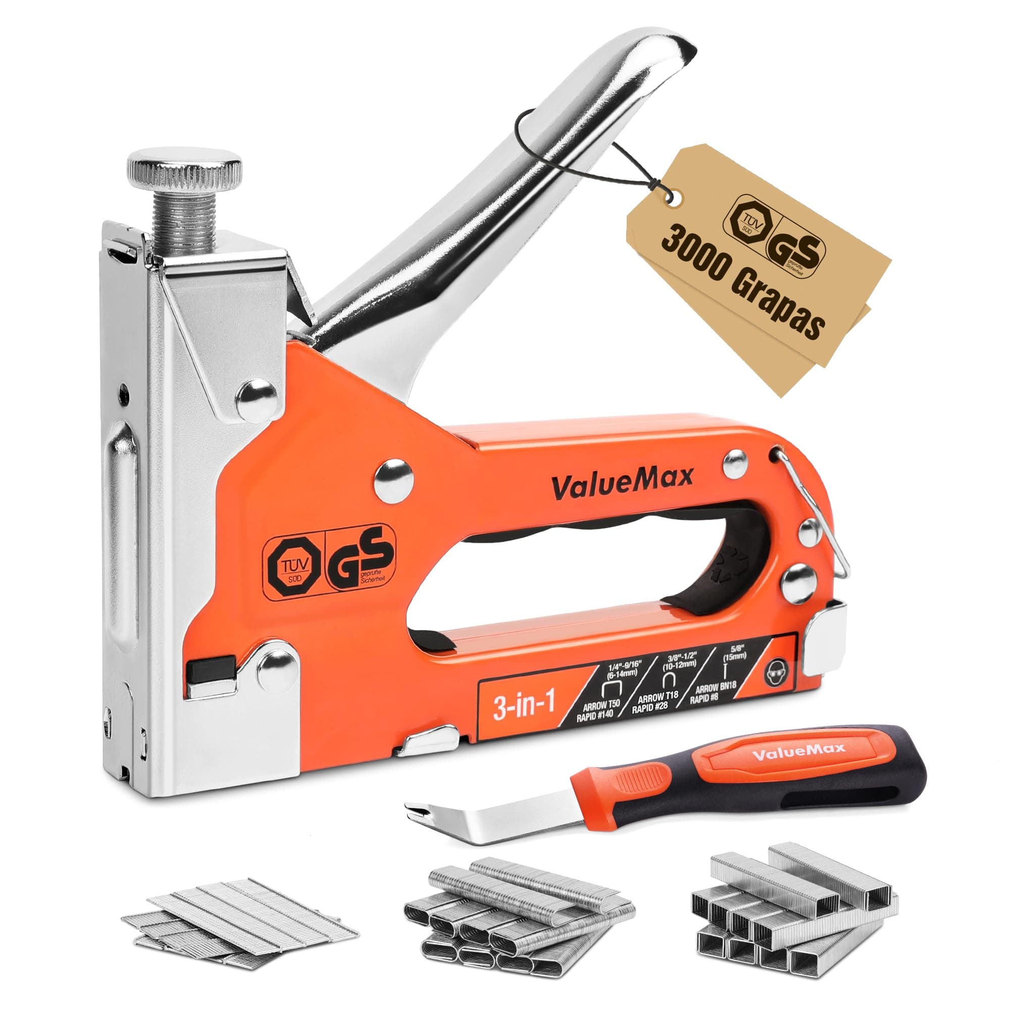 ValueMax Grapadora Manual 3 en 1, Grapadora Tapicero, Pistola Grapadora con 3000 Grapas y Quita-grapas, para Madera, Tapicería, Decoración, Muebles