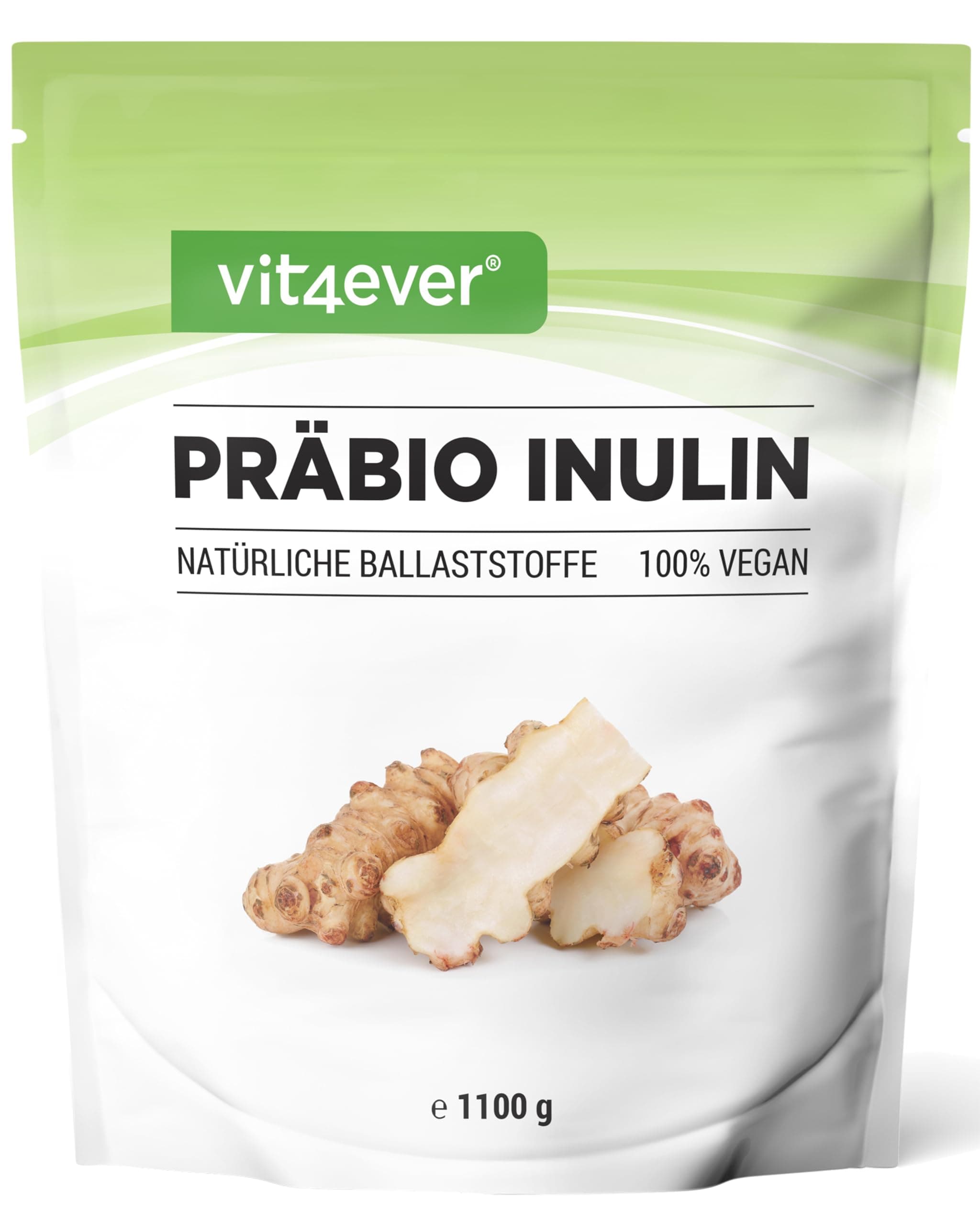 vit4ever Präbio Inulin Pulver - 1100 g (1,1 kg) - Hoher Ballaststoffgehalt - Präbiotikum - Rückstandskontrolliert - Herkunft Europa - Natürlich aus der Chicoree Wurzel - 100% Vegan