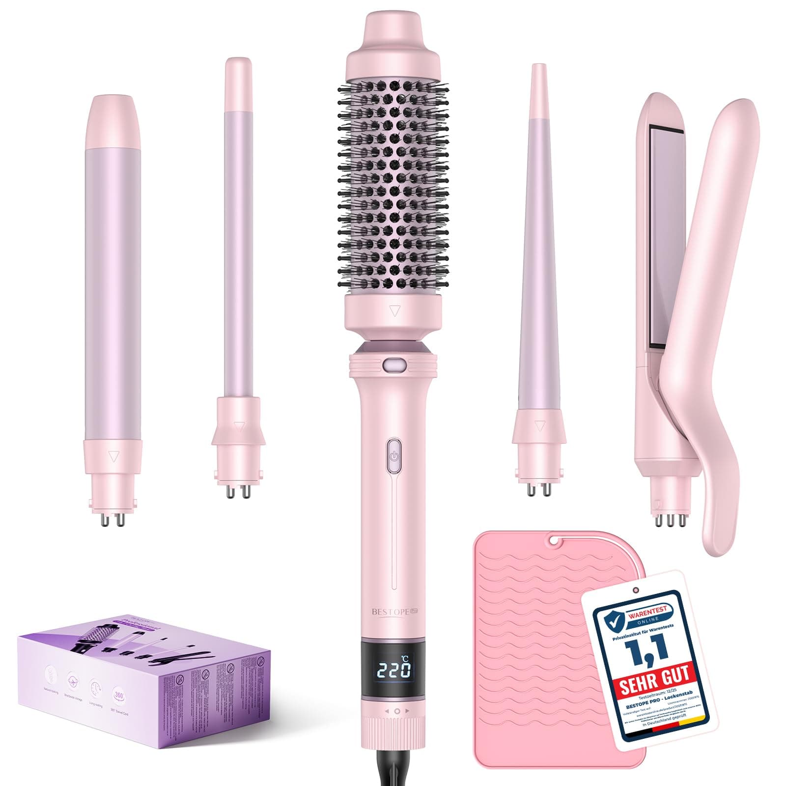 Curling Iron 5 en 1 BESTOPE PRO - Con Plancha de Pelo, Cepillo TéRmico, Rizador Pelo Ondas (9 Mm-25 Mm), Temperatura Ajustable - Para Viajes Y Regalos Hair Curler Kit