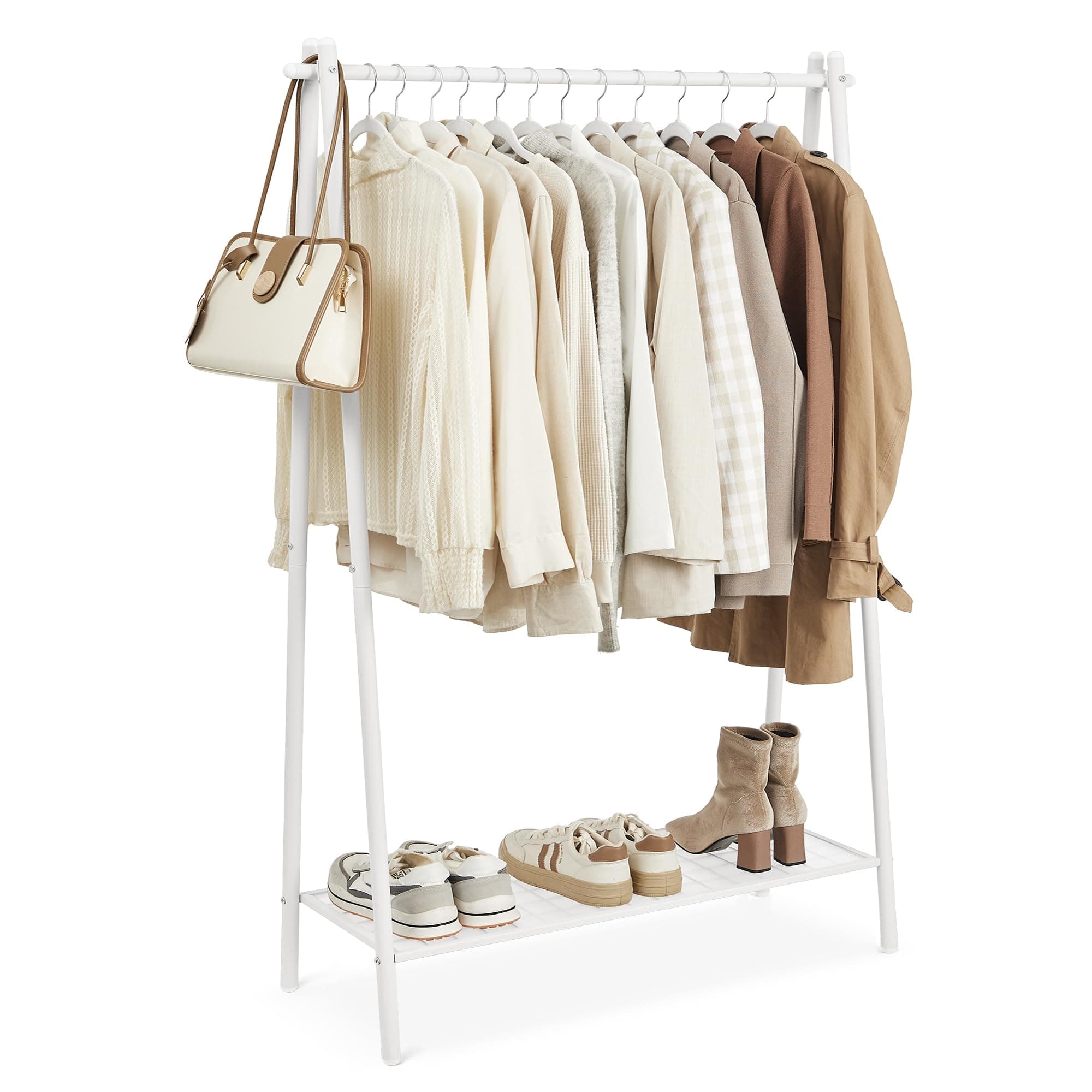 SONGMICS Kleiderständer, Garderobe, Garderobenständer, Kleiderablage, Stahlrahmen, mit Stange und Regal, 33,5 x 92,5 x 153 cm, für Schlafzimmer, Garderobe, Waschküche, Weiß HSR023W01