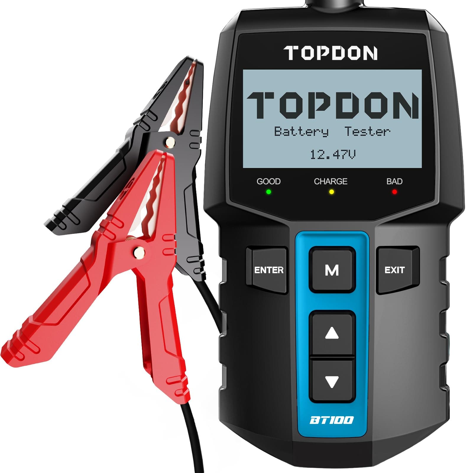 TOPDON Autobatterie Tester BT100-A, BatterieTester KFZ 12V mit 100-2000 CCA Batterietest Kurbeltest Ladesystem Test für Auto ATV SUV PKW-LKW Boot, Schwarz