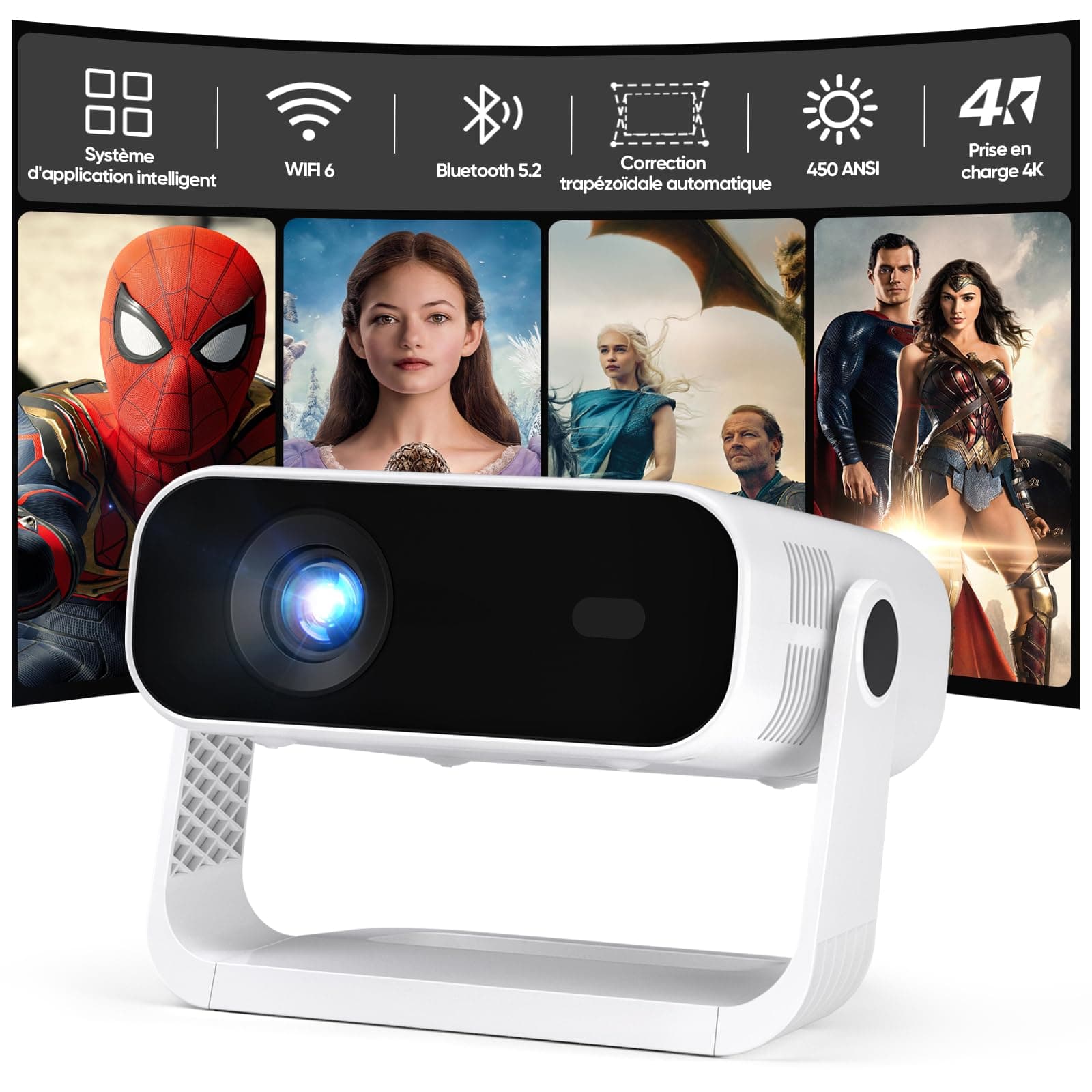Videoprojecteur Intelligent avec Apps Intégrées, 1080P Natif, Supporte 4K, 450 ANSI, Autofocus Élec, Correction Trapezoidale Auto, WIFI6 & Bluetooth 5.2, Connectable à Android, iOS, Console, Laptop