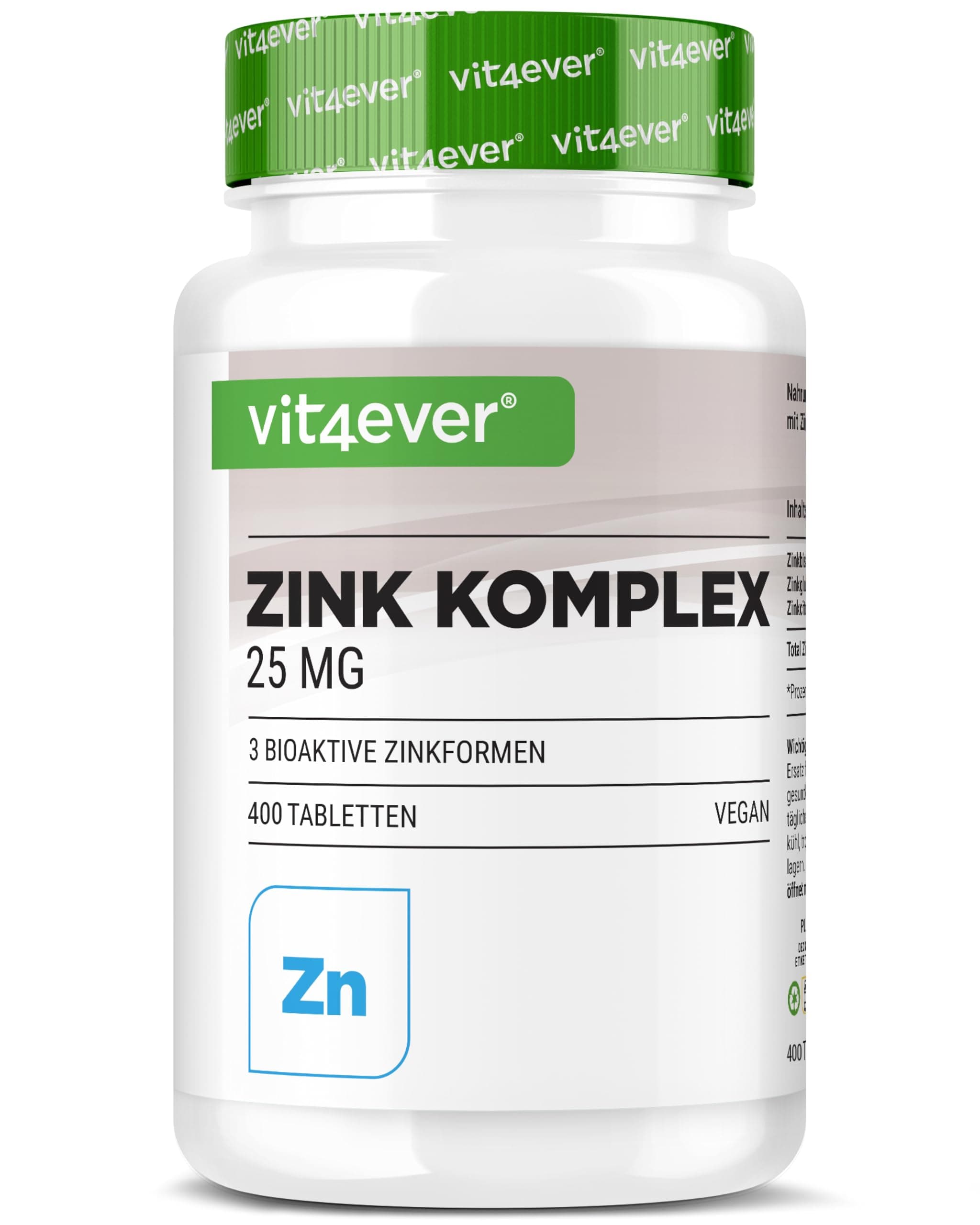 Complesso di Zinco 25 mg - 400 Compresse - Con 3 Forme di Zinco Biodisponibili (Zinco-Bisglicinato, Zinco-Gluconato, Zinco-Citrato) - Vegano, Alto Dosaggio, Senza Additivi inutili