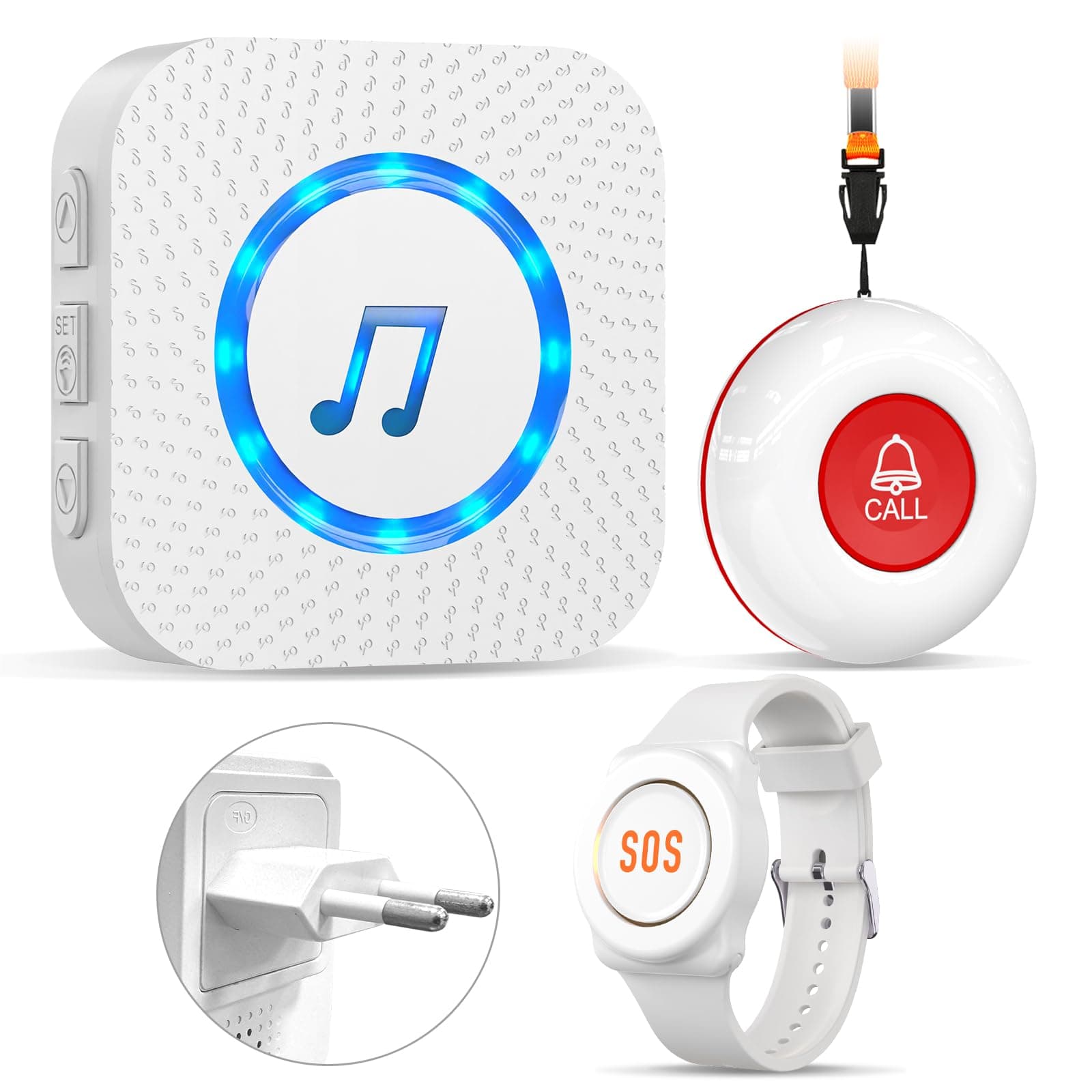 ChunHee Pulsante Allarme Anziani Braccialetto Allarme senza fili per Anziani,Campanello Emergenza Anziani, 1 Trasmittitore + 1 Ricevitore + 1 Braccialetto