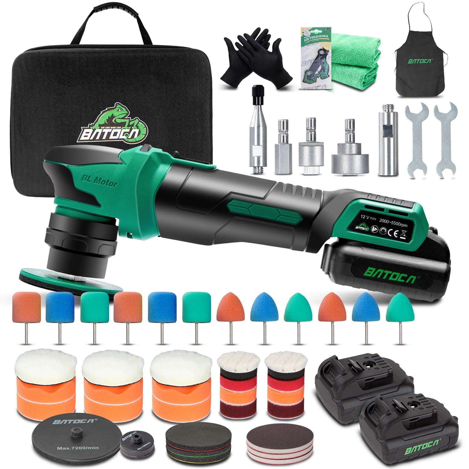 BATOCA S4 Polisseuse Sans Fil Professionnelle,Rotative&Orbitale,Mini Polissage kit,Moteur Sans Balais,12V Polisseur Voiture avec 2 2.5Ah Batteries,2000-5500RPM,Polir,25mm/75mm Polissage Cirage