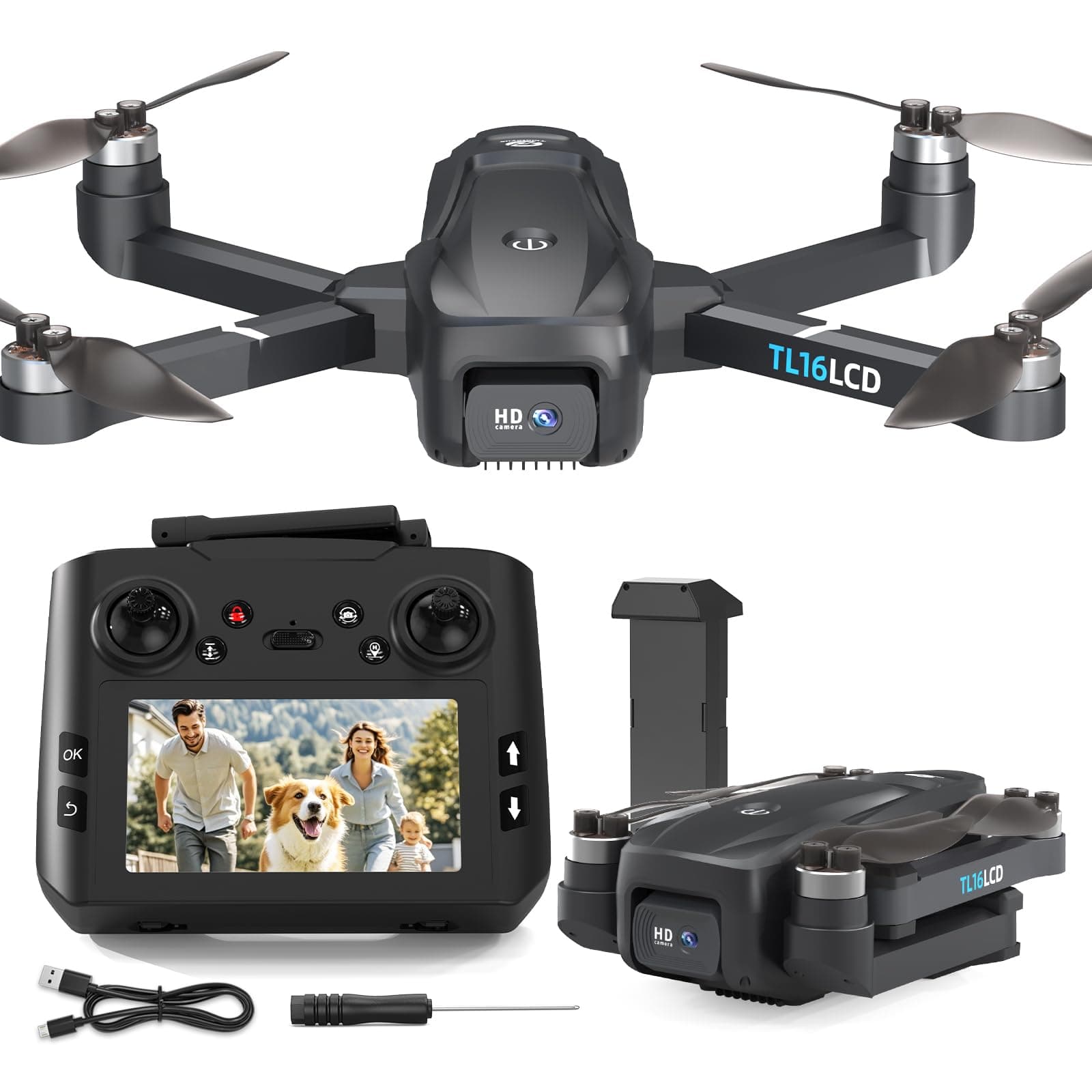 Tolatoyus TL16LCD Drones con Camara 4K, Drone FPV para Principiantes con Mando a Distancia LCD Retorno Automático Follow Me Transmisión en Tiempo Real 5G Dron GPS Plegable RC para Adultos