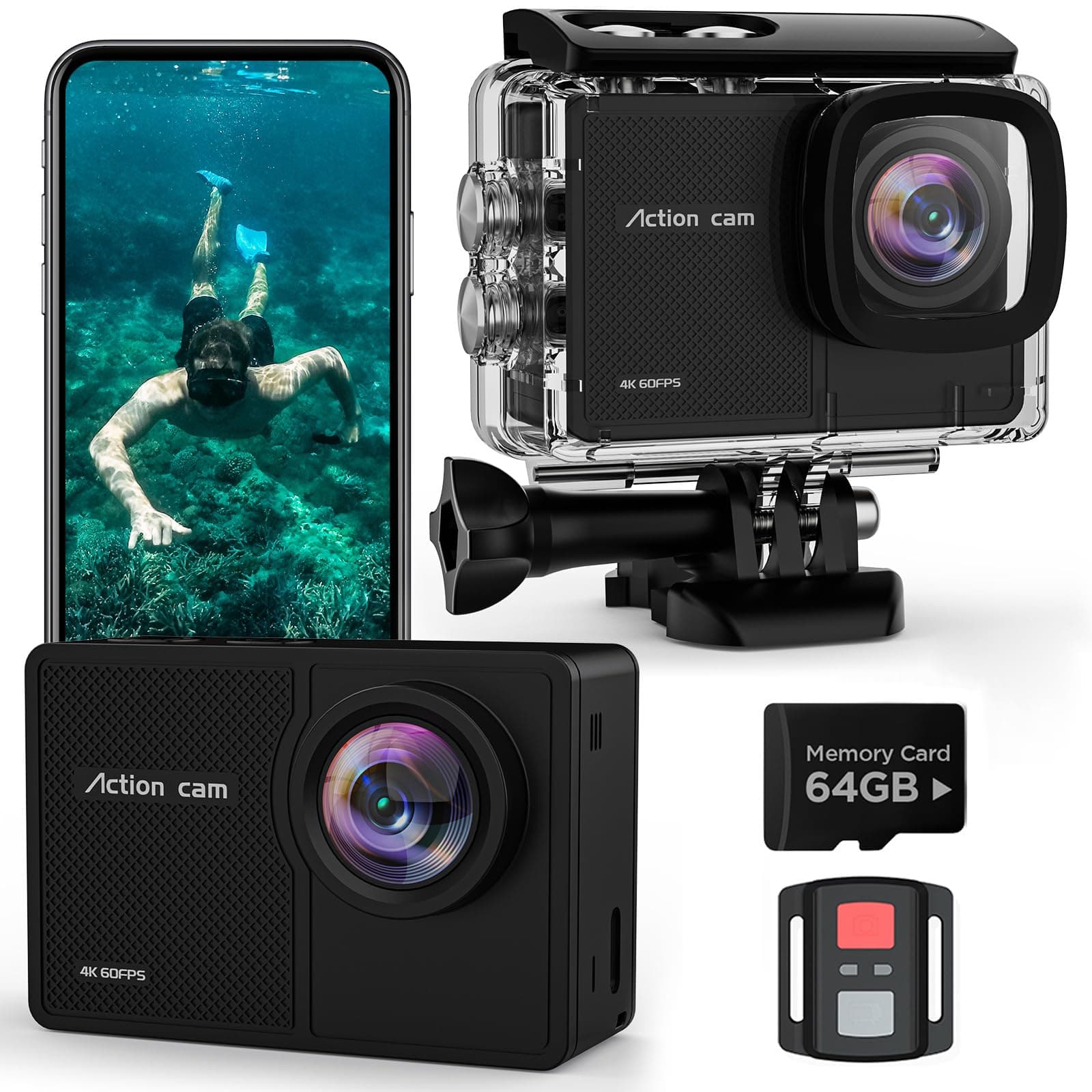 TIMNUT 4K 60FPS Action Cam, 40M Fotocamera Subacquea con scheda SD da 64 GB, 48MP HD WIFI Videocamera con Telecomando,EIS Telecamera Sott'acqua,2x1350mAh Batterie e Accessori di Montagg