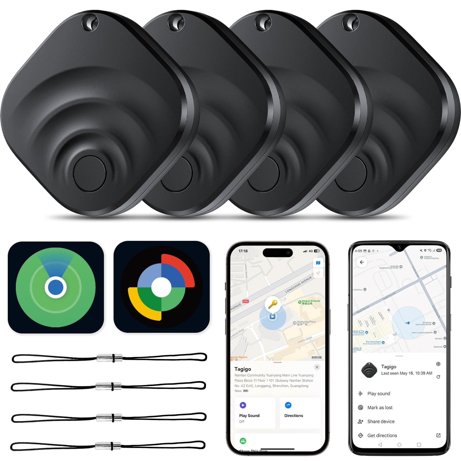 4 Pack Dual System Tracker para iOS y Android Bluetooth Tracker Etiquetas Inteligentes compatibles con Apple Find My (iOS) y Google Find Hub (Android) para Llaves, Equipaje, Billetera, vehículos