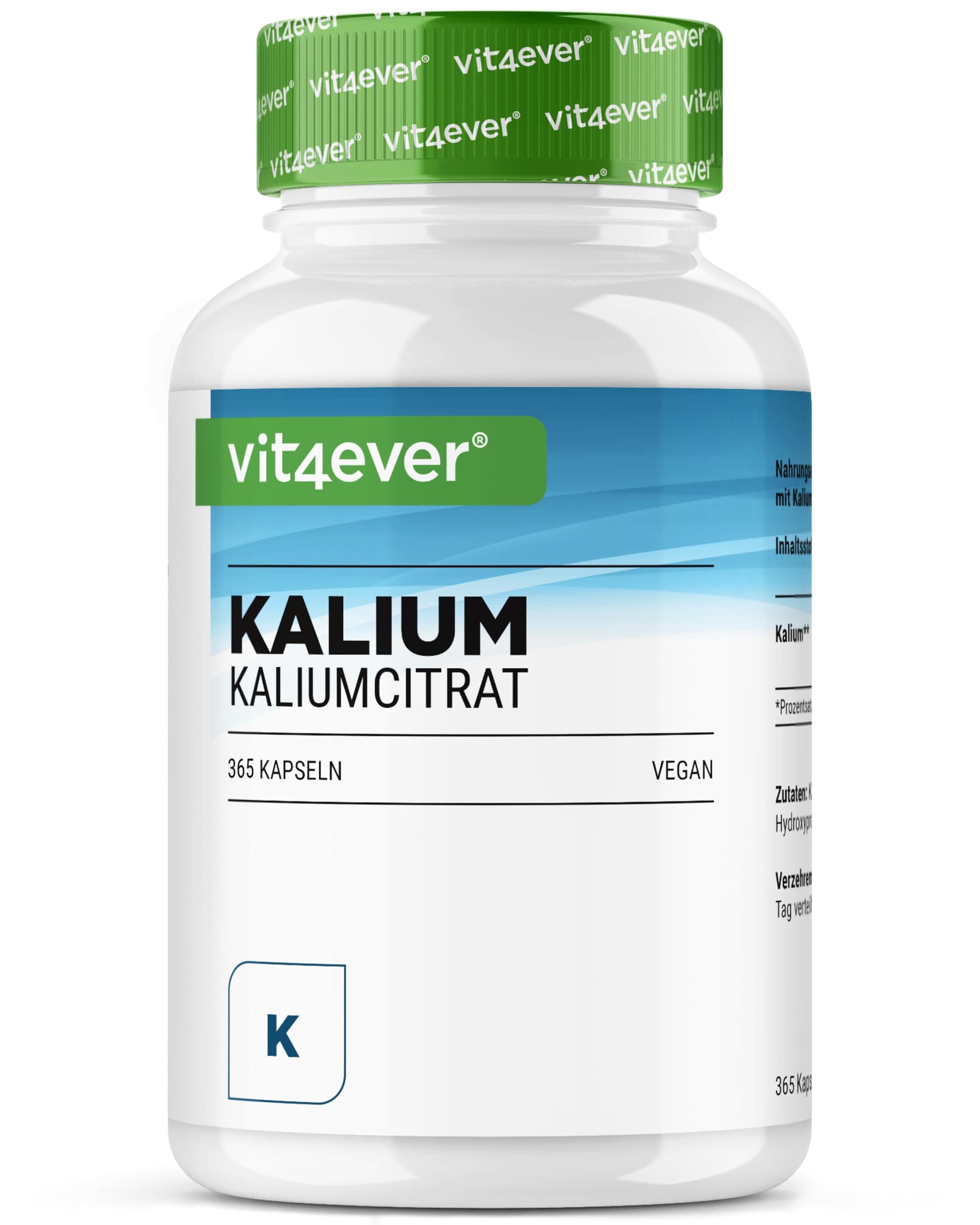 vit4ever Kalium - 365 Kapseln mit 800 mg elementarem Kalium (aus Kaliumcitrat) pro Tagesdosis - vegan, hochdosiert, ohne Zusätze