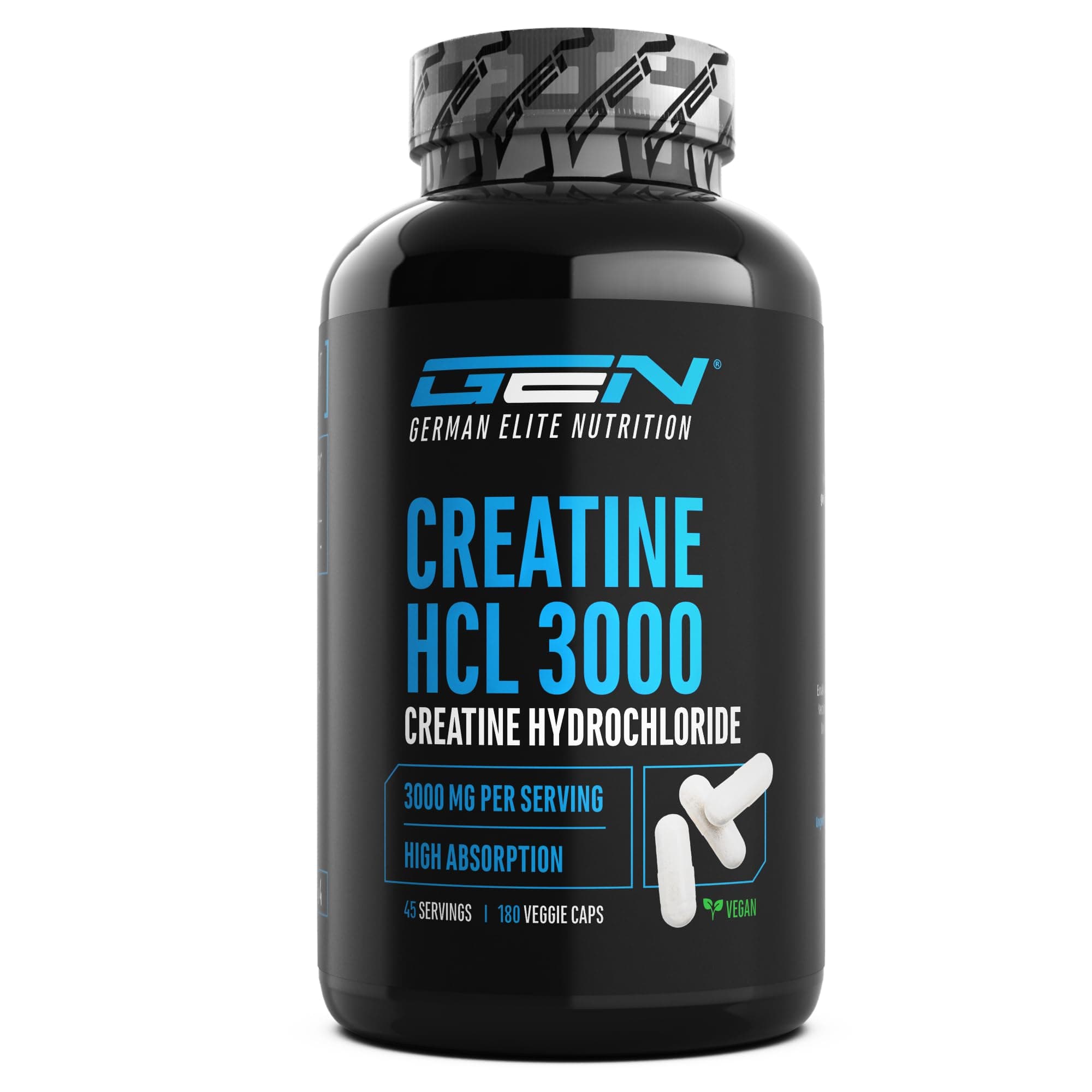 Creatine HCL - 180 Kapseln - Hochdosiert mit 3000 mg - Reines Kreatin Hydrochlorid - High Absorption - Hohe Bioverfügbarkeit - Vegan