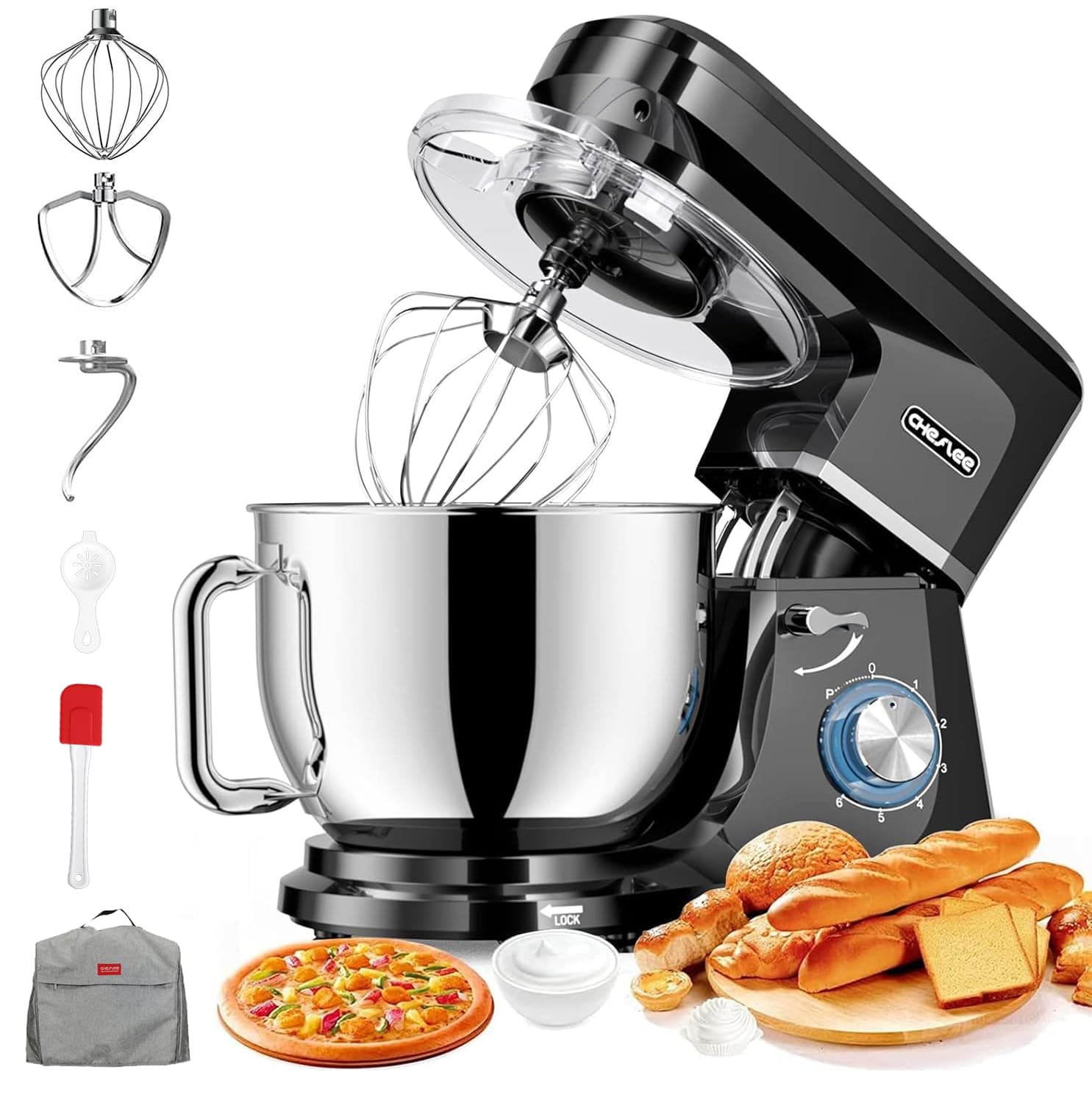 CHeflee Robot Pâtissier 2000W Robot de Cuisine 8 L Bol d'Acier Inoxydable,6 Vitesses avec Fonction Pulse avec Fouet Crochet Pétrisseur et Batteur,Housse anti-Poussière ﻿