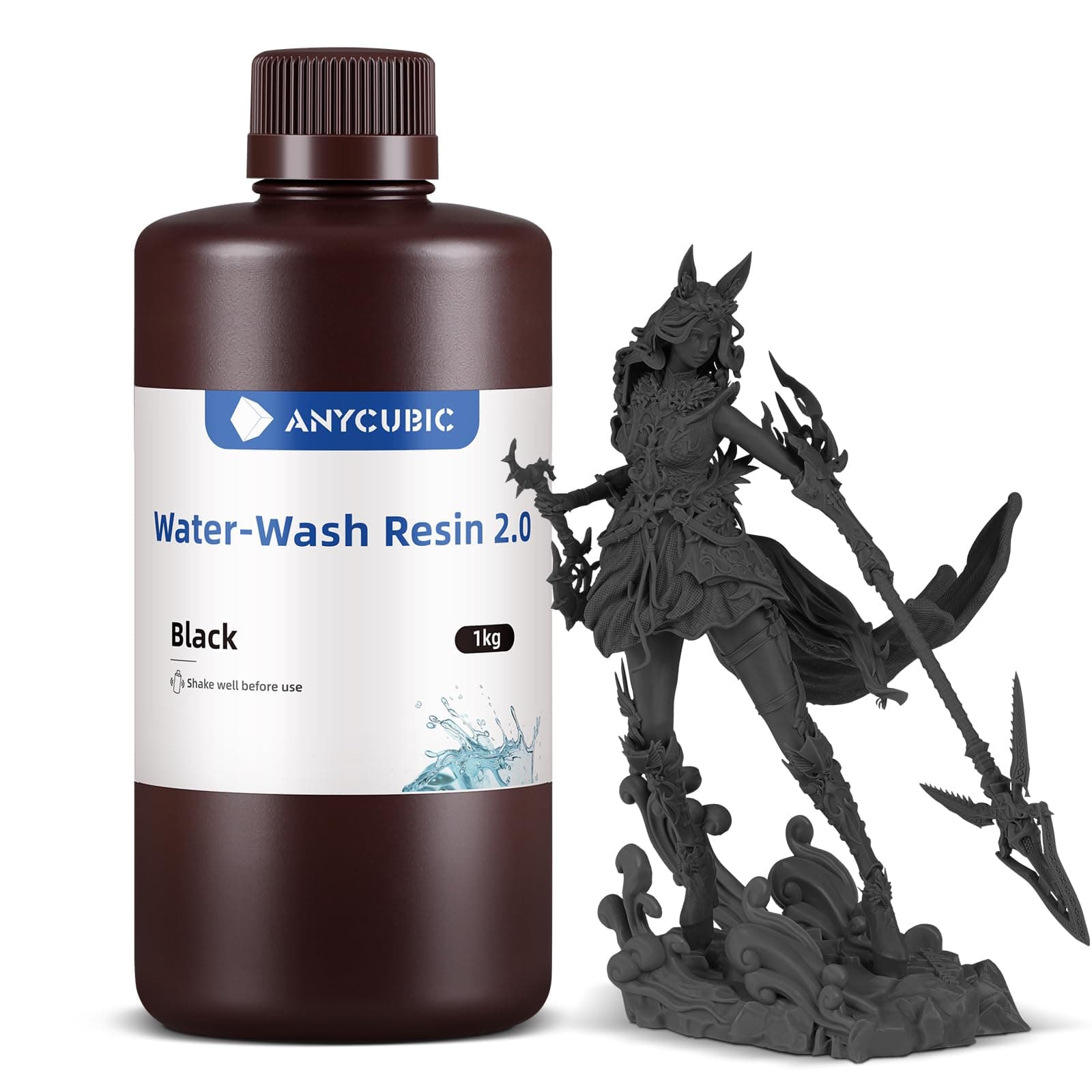 ANYCUBIC Wasser Waschbares Resin 2.0, 3D Drucker Harz Wasserlöslich, UV-Resin 405nm Standard Photopolymer Harz, Geringer Geruch, Geeignet für 4/6/8K LCD 3D-Drucker, Schwarz,1kg