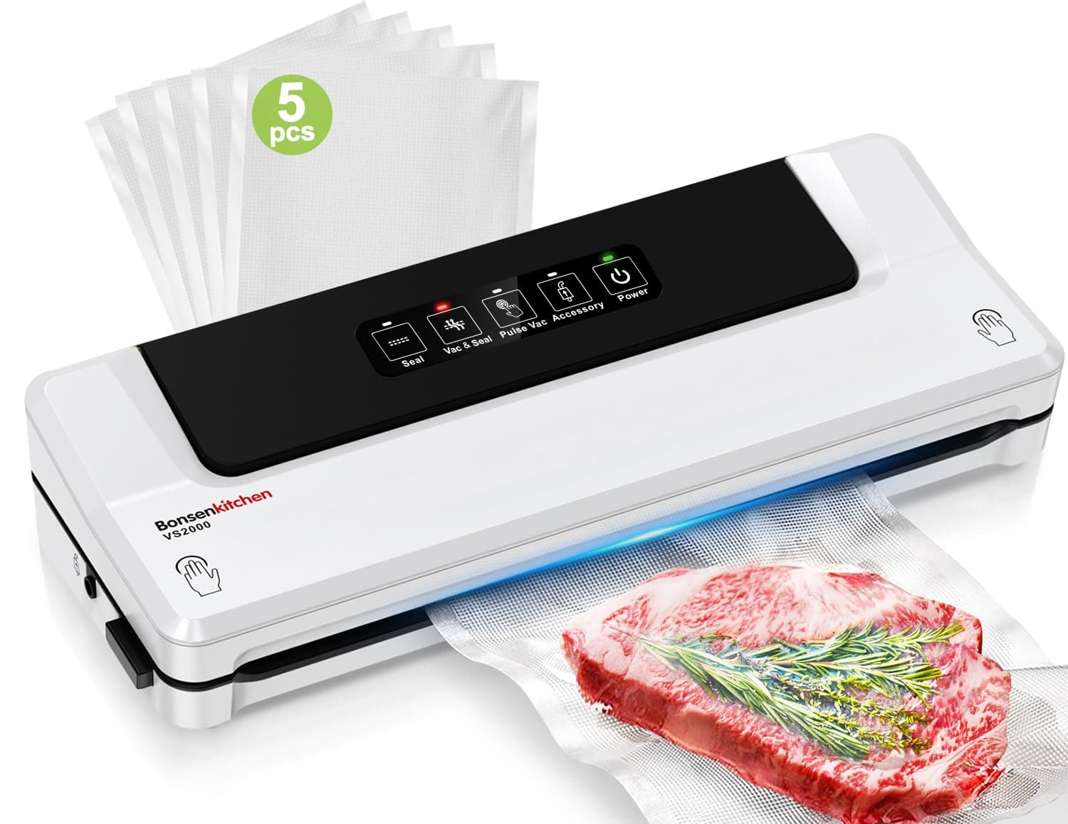 Bonsenkitchen Envasadora al Vacío 4 en 1 para Uso Doméstico y Comercial, Maquina al Vacio de Alimentos, Incluyendo 5 Bolsas (Blanco)