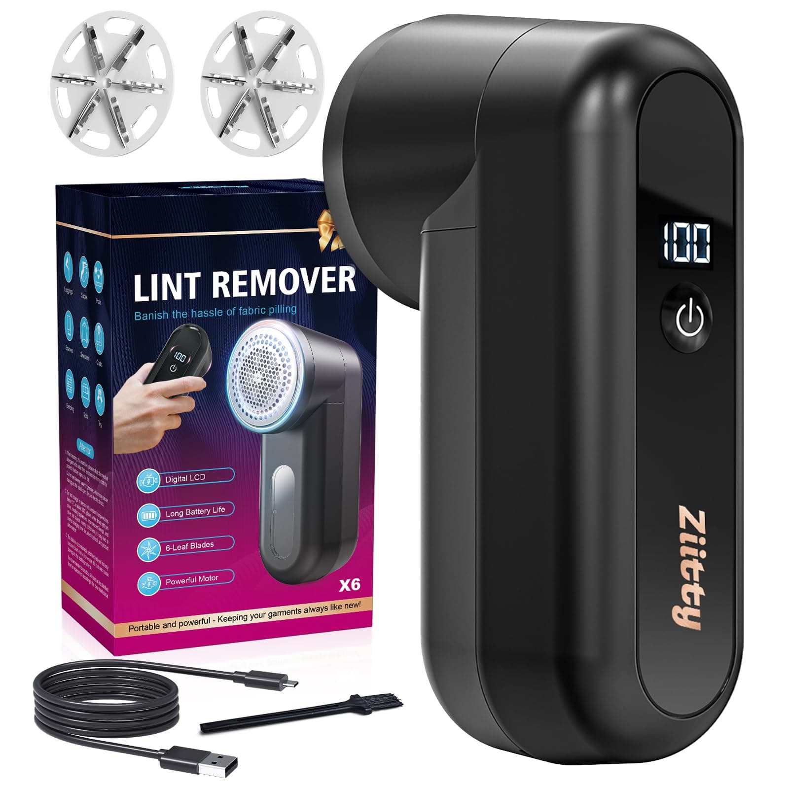 Ziitty Leva pelucchi Elettronico, Viene Fornito con 3 Lame da 6 in Omaggio, Display LCD, Cavo di Ricarica Type-C, Piccola Spazzola, Adatto a Tutti i Tessuti, Grande Regalo di Famiglia per le Donne