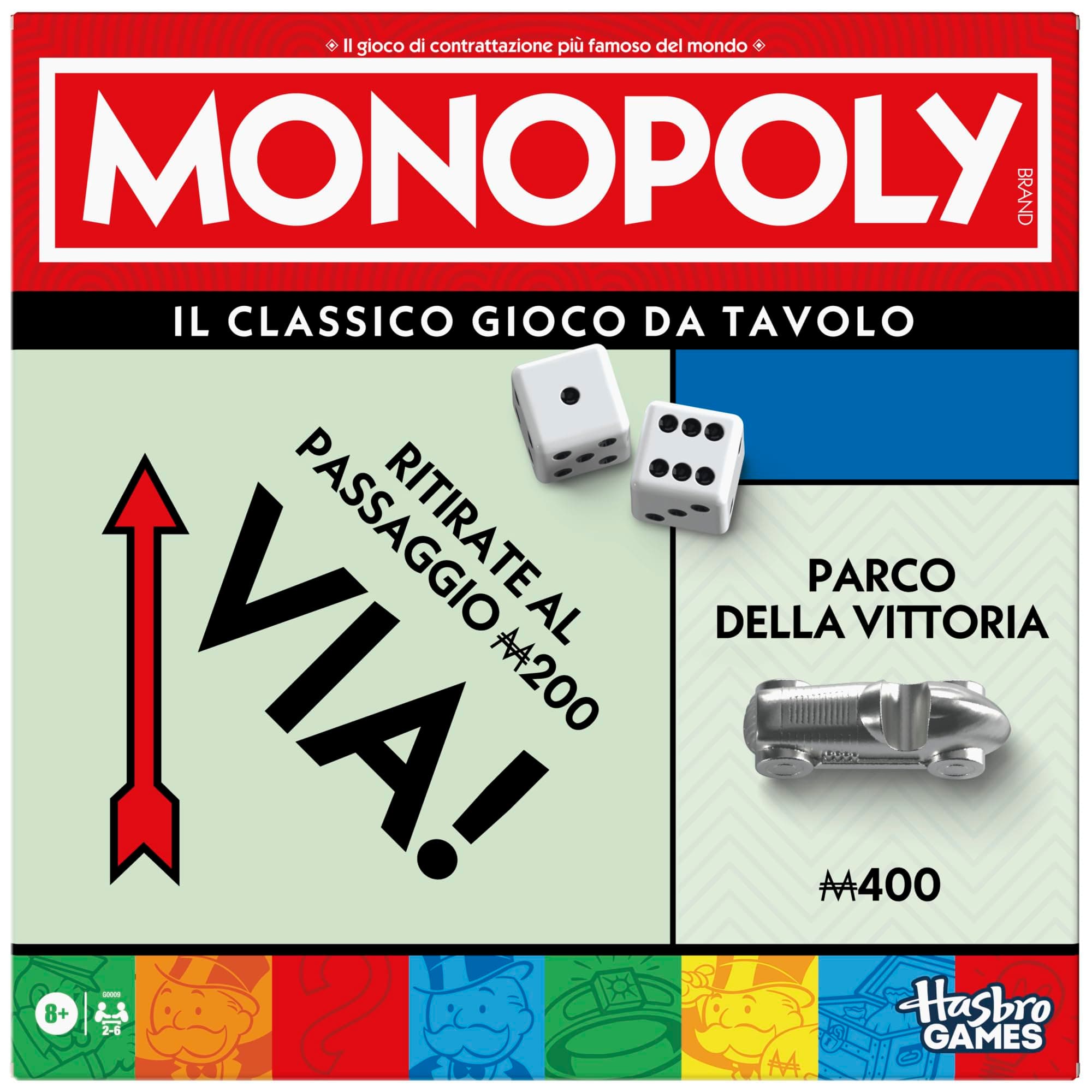 Hasbro Gaming, Monopoly, Gioco da Tavolo, Ideale per Famiglia e Amici, per Bambini e Bambine da 8 Anni in Su, Include Vaschetta Contenitore e Pedine Più Grandi, per 2-6 Giocatori, in Italiano