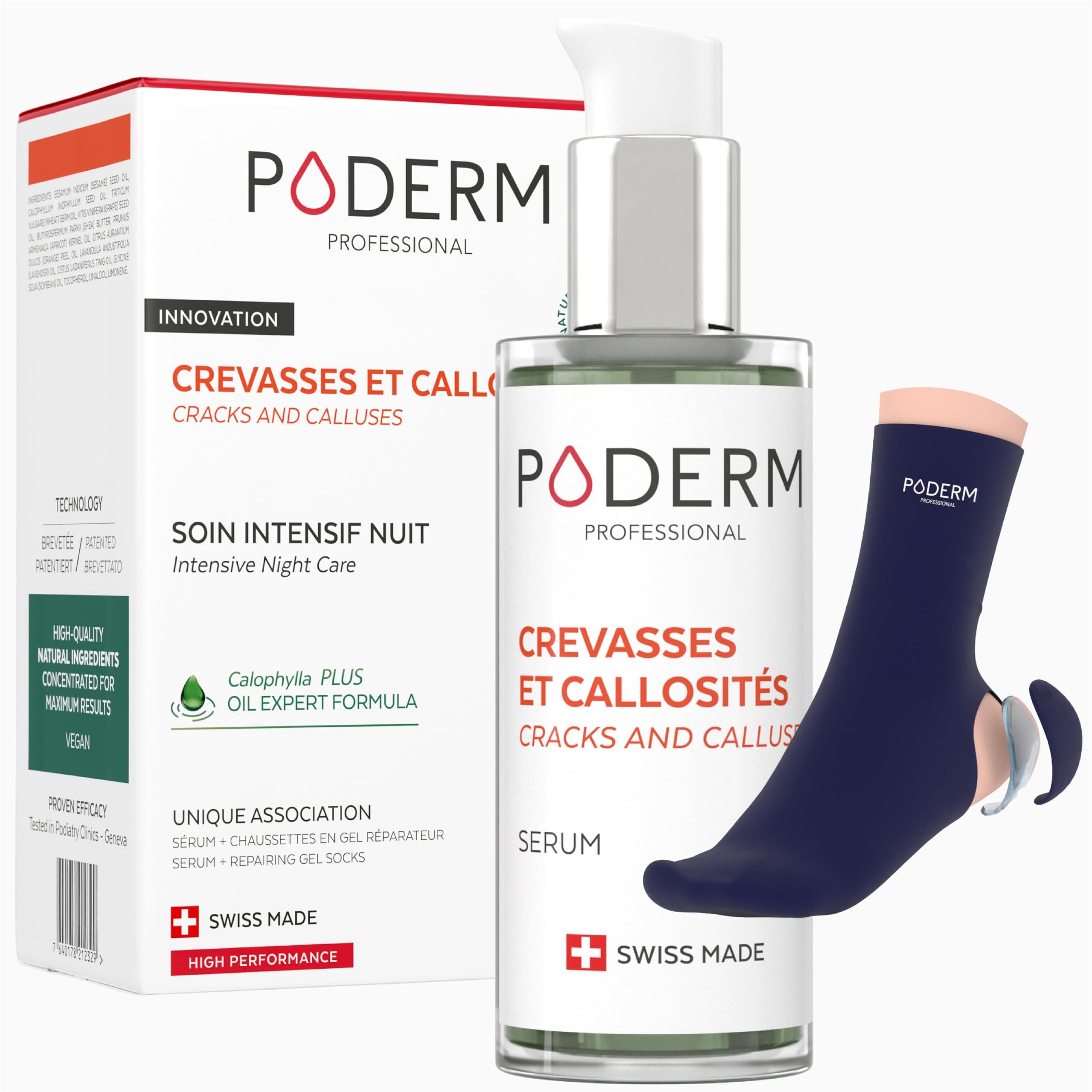 PODERM – CREVASSES ET CALLOSITÉS – Répare et apaise les crevasses/Nourrit et Adoucit les callosités – SOIN INTENSIF NUIT 8H – Ingrédients 100% Naturels – Soin des pieds - Swiss Made