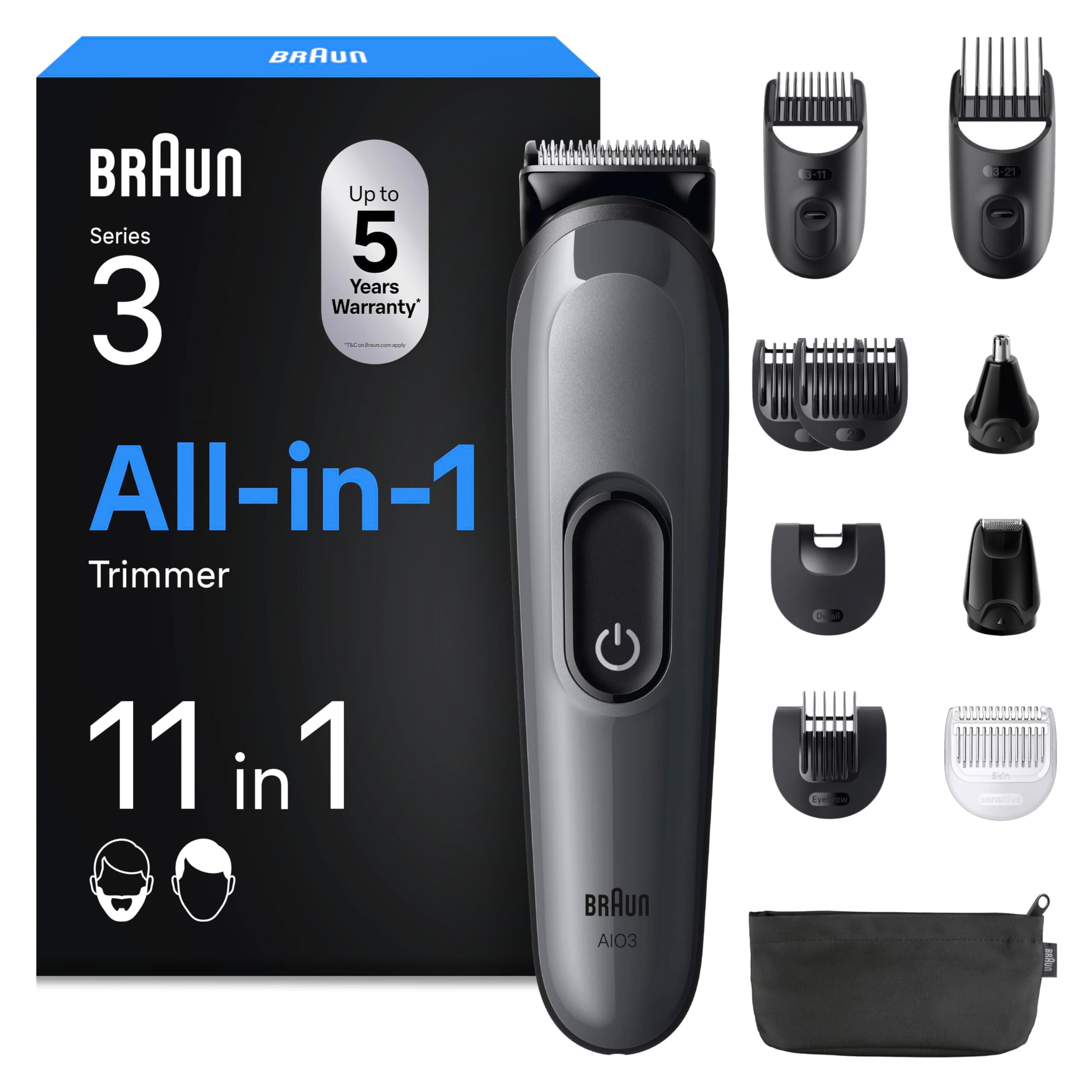 Braun Rifinitore All-In-One Series 3, Rasoio Elettrico Barba E Capelli 11In1, Con Lama Ultra Affilata, 14 Lunghezze, 50 Minuti di Autonomia, Styling Facile e Veloce Per Viso E Capelli, AIO3565 Grigio