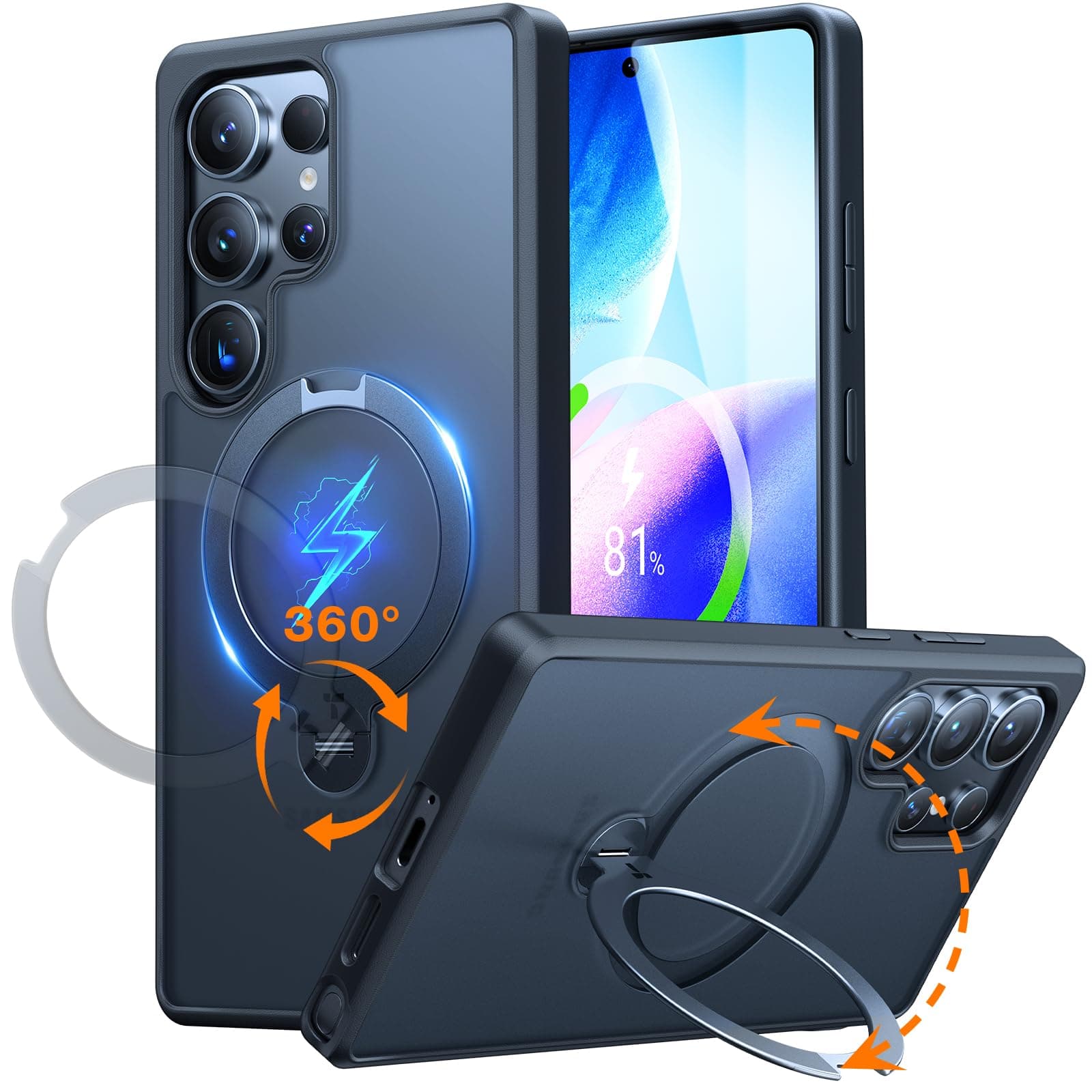 TORRAS Ostand Q3 Spin für Samsung Galaxy S25 Ultra Hülle (360° Magnetischer Robust Standring) TOP Militärschutz Stoßfest Kratzfeste Matt Durchscheinende Rückseite Hülle Samsung S25 Ultra Case Schwarz