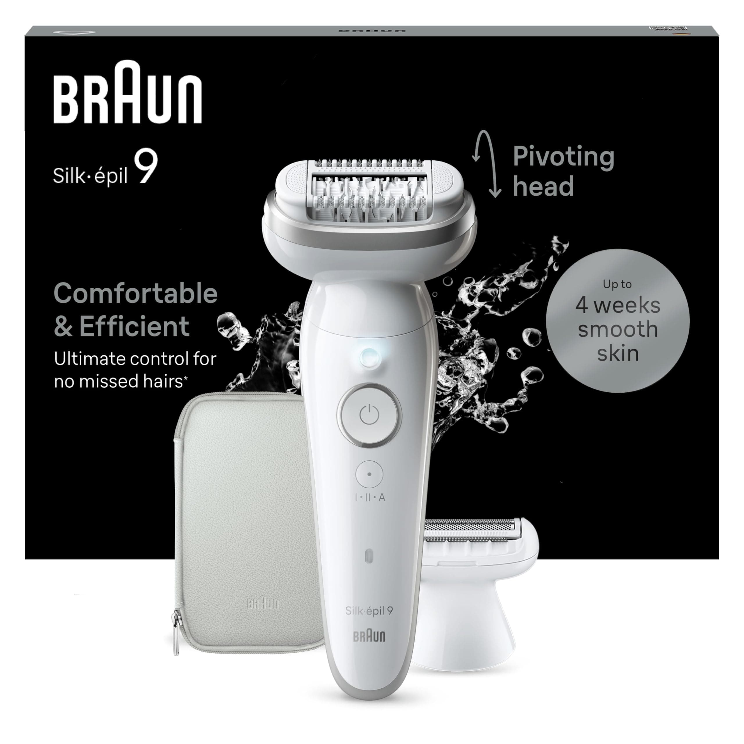 Braun Silk Epil 9 Epilatore Elettrico Donna Con Testina Flessibile, Wet&Dry, Pelle Liscia a Lungo, Con Testina Per Rasoio Elettrico Donna e Cappuccio Rifinitore, Depilatore Braun 9-041 Bianco/Argento