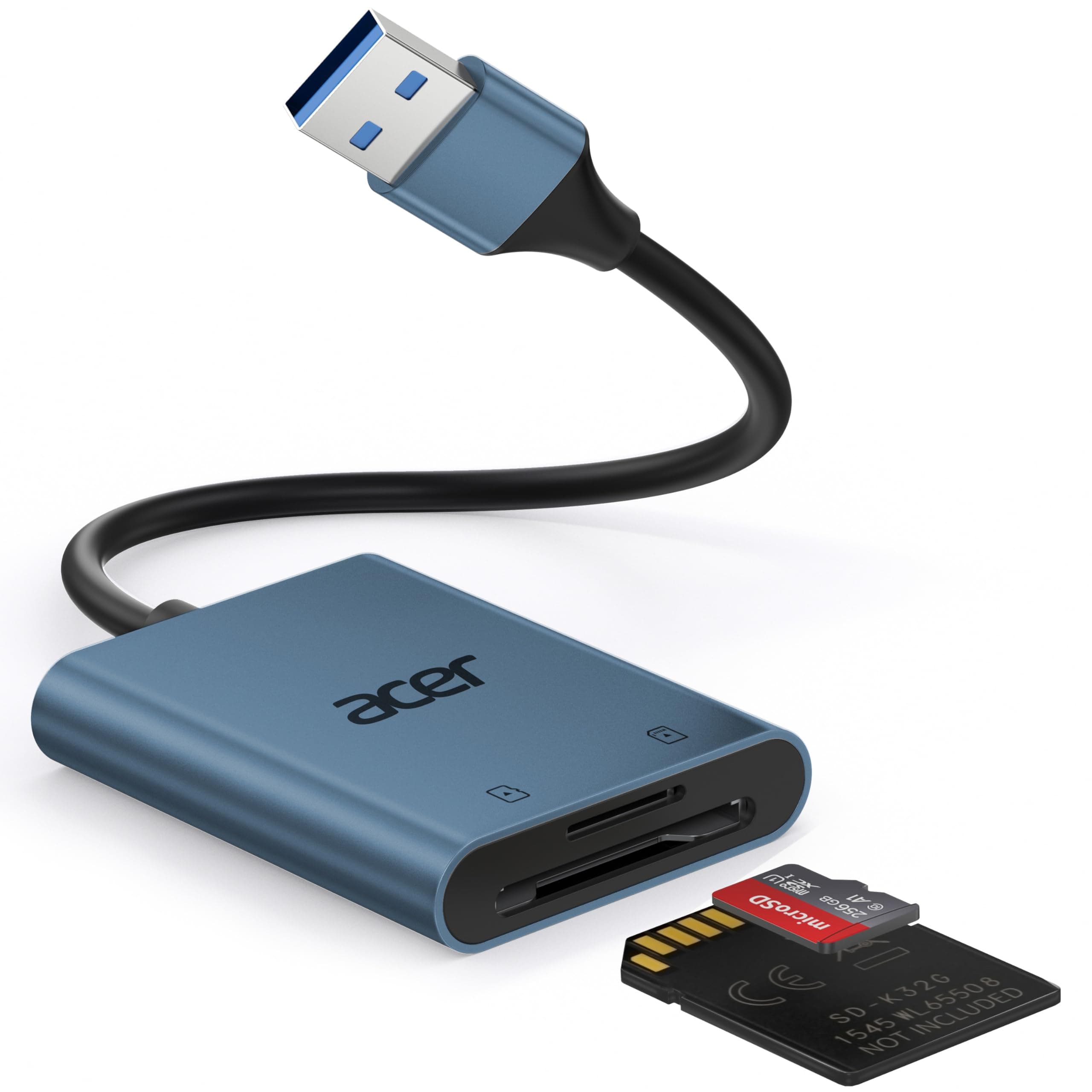 acer USB 3.0 Kartenleser mit Kabel, USB-A SD Micro SD Card Reader Aluminium Kartenlesegerät Typ A Speicherkartenleser Adapter für Computer, PC, Laptop, Trail Camera, SDXC, Micro SDHC, TF, RS-MMC.-Blau