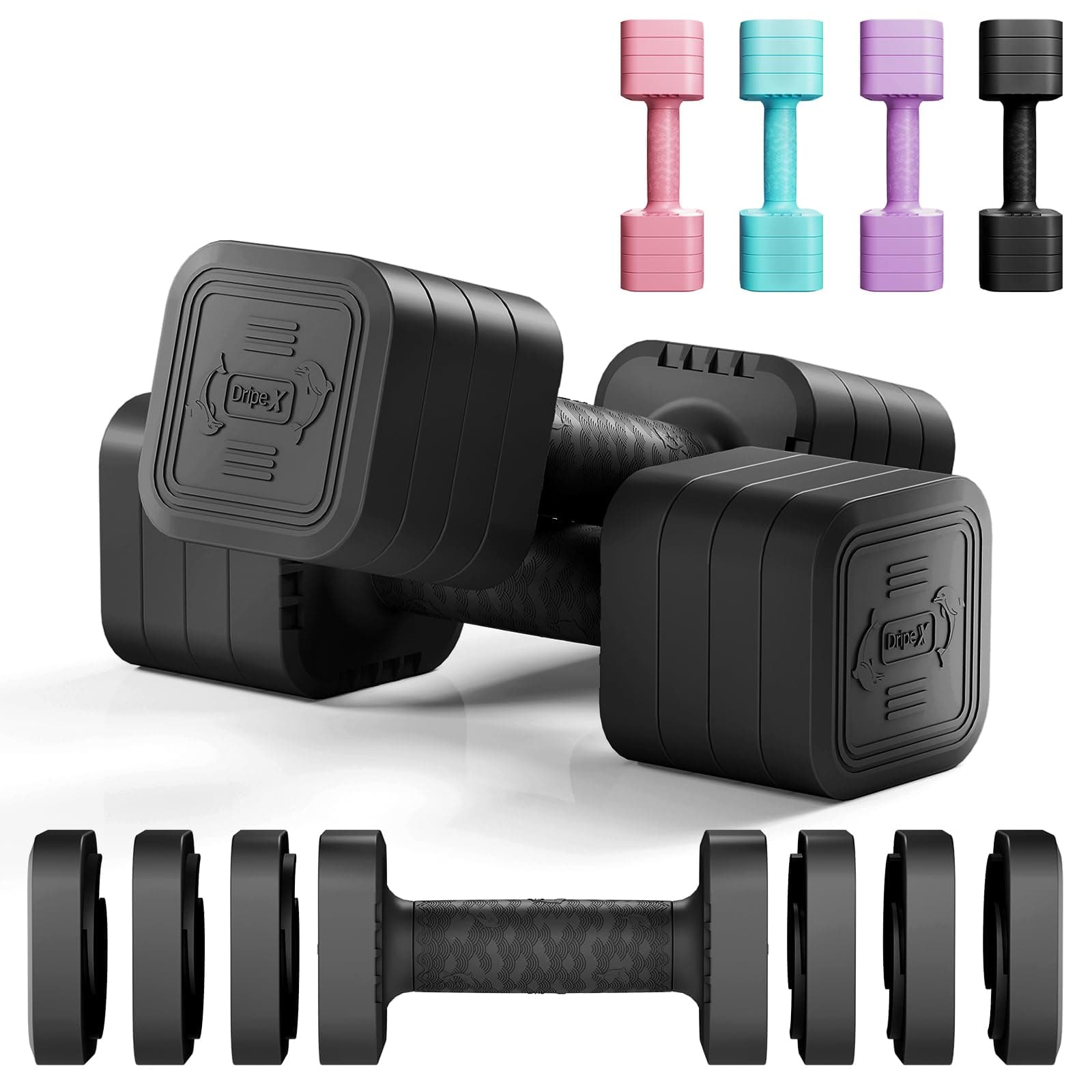 Dripex Mancuernas Ajustables de 2,5 kg/5 kg/7,5 kg/10 kg, Juego de Pesas con Mango Antideslizante para Mujeres Hombres Pesas Ajustables para Fitness Gimnasio en Casa