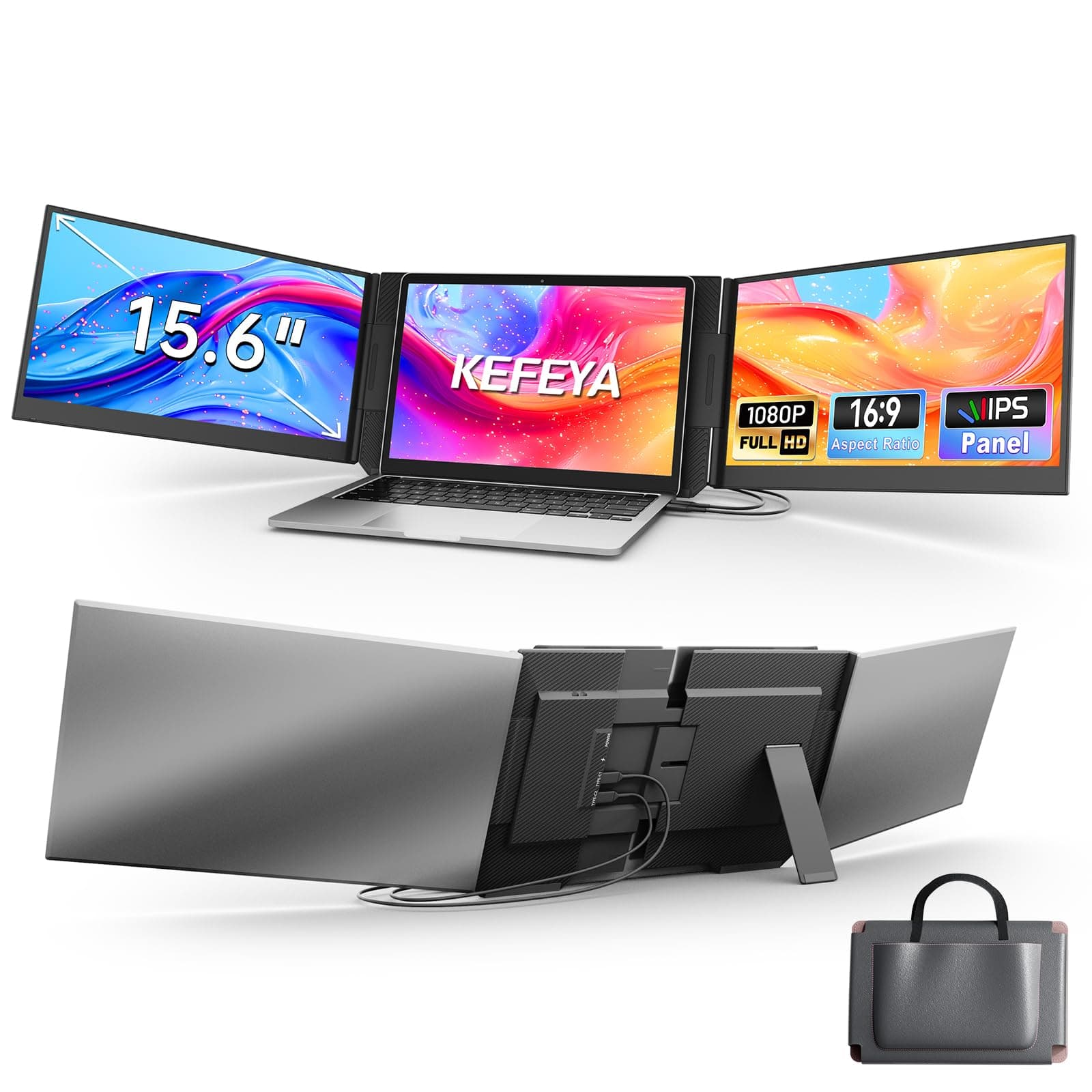 KEFEYA 15.6" Monitor Portátil para Portátil FHD 1080P IPS Extensor Pantalla Portatil, Laptop Screen Extender Plug & Play HDMI, Type-C, USB-A para Windows, Mac, Android, Chrome para Laptops 13”-17.3"