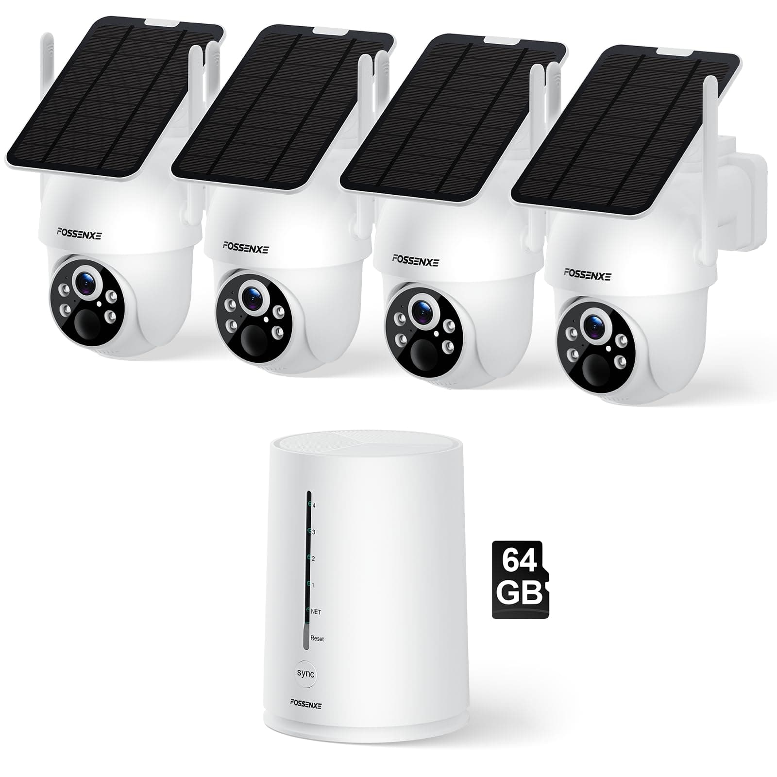 FOSSENXE 2K Camara Vigilancia WiFi Exterior Solar, Kit de 4 con Base, Sin Costo Mensual, 360°, 64 GB de Almacenamiento Local, 4MP Cámara Solar Exterior Sin Cable con PIR Detección, Visión Nocturna