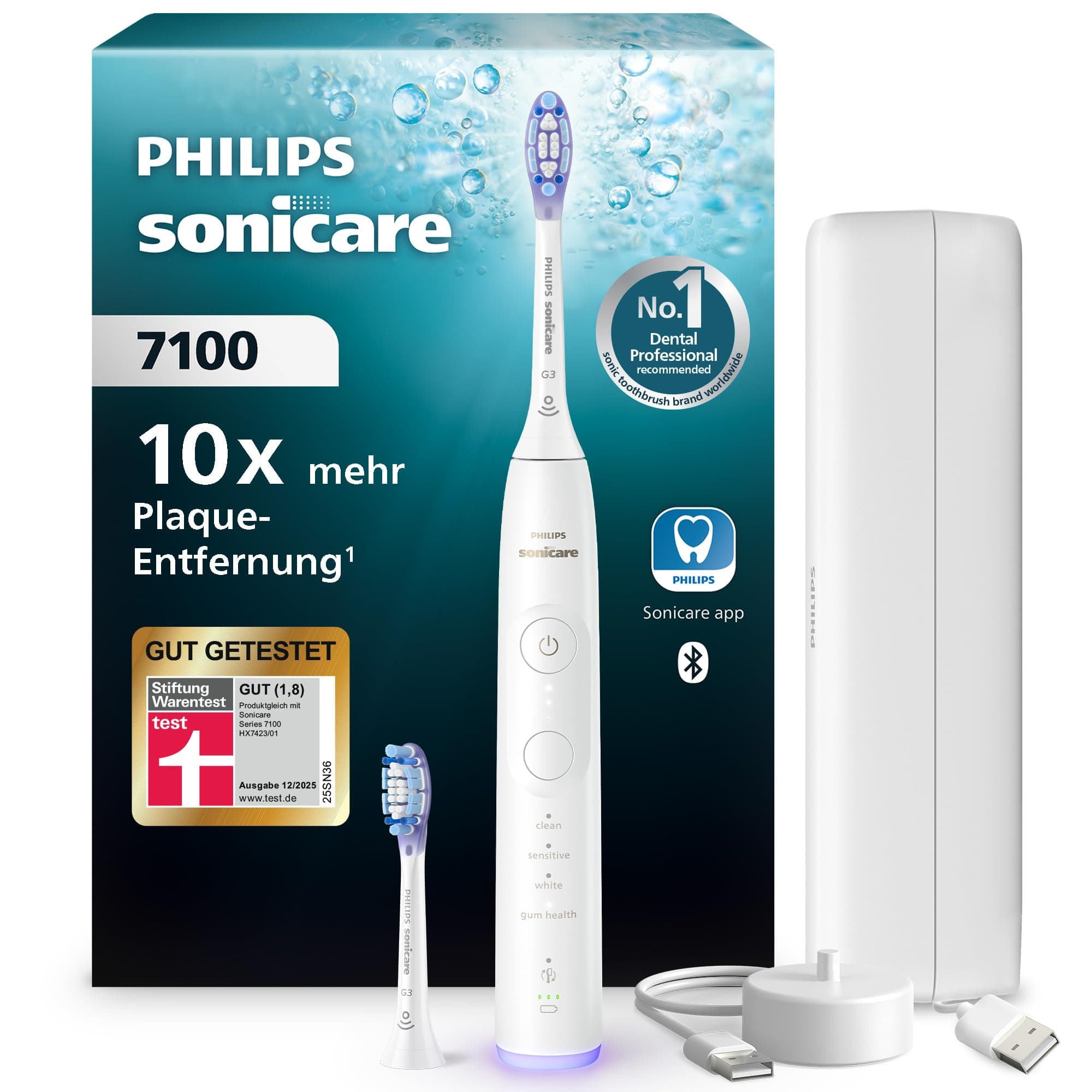Philips Sonicare 7100 elektrische Zahnbürste, Schallzahnbürste mit App, 4 Putzmodi und 3 Intensitätsstufen, Andruckkontrolle, EasyStart, SmarTimer, Weiß, Modell HX7420/02 [Neue Technologie]