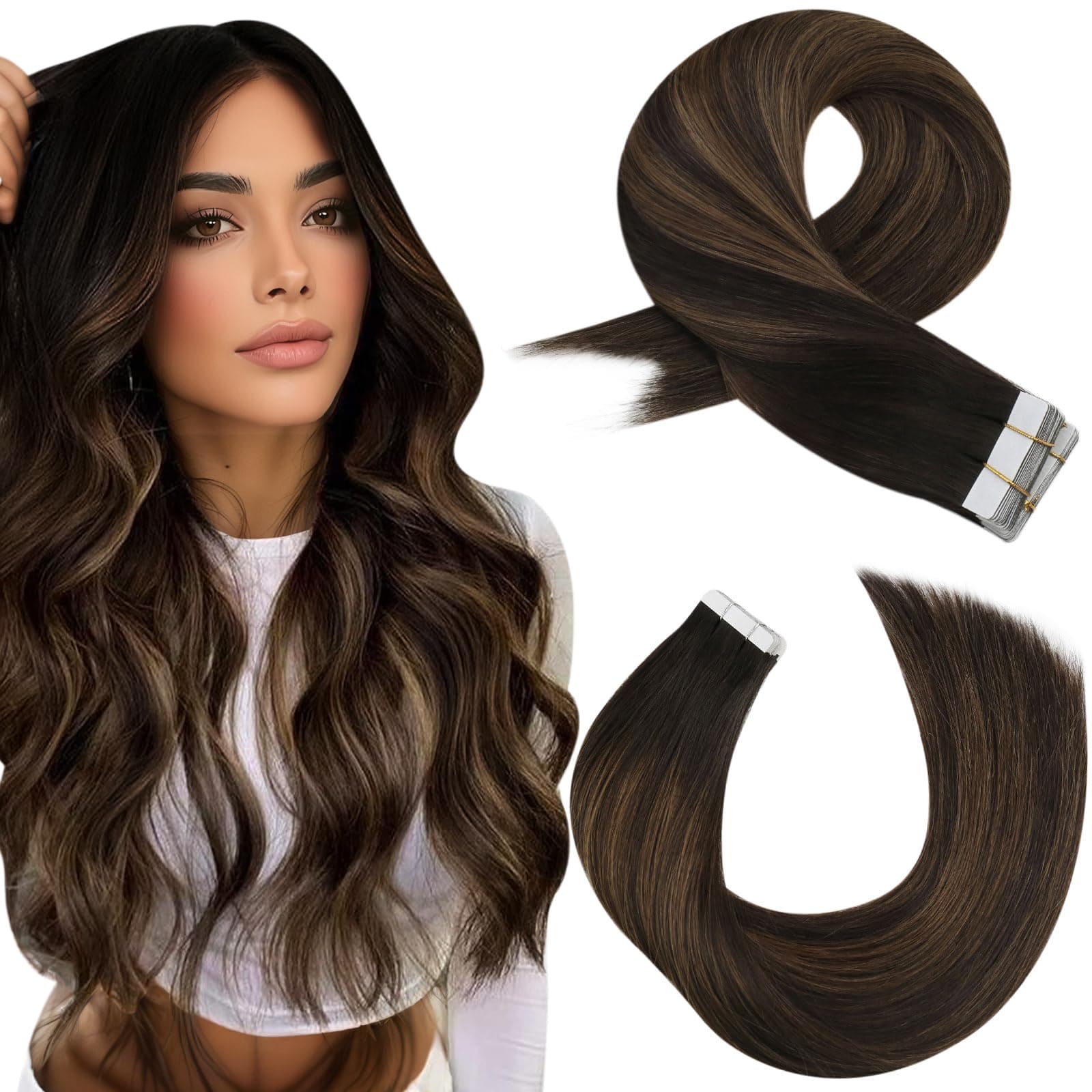 Moresoo Extension Cheveux Naturel Adhesif Ombre Extension Adhesive Cheveux Naturel Balayage Brun le plus Foncé avec Brun Moyen #2/6/2 50 cm 20 Pièces 50g
